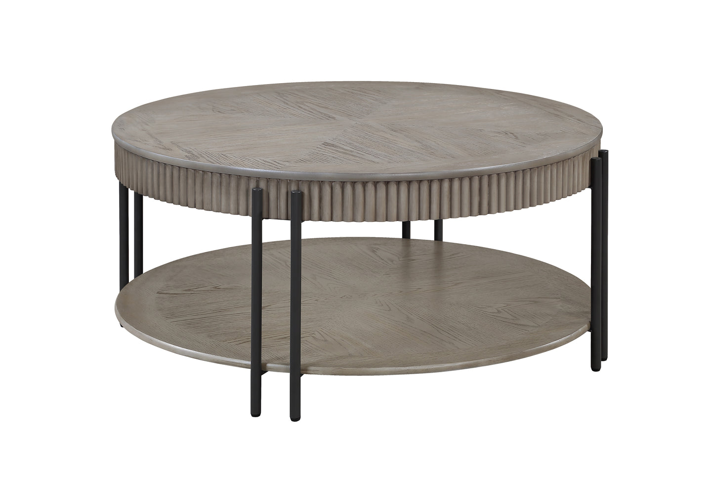Round twotier coffee table with grey wood finish and fluted sides perfect for modern living rooms