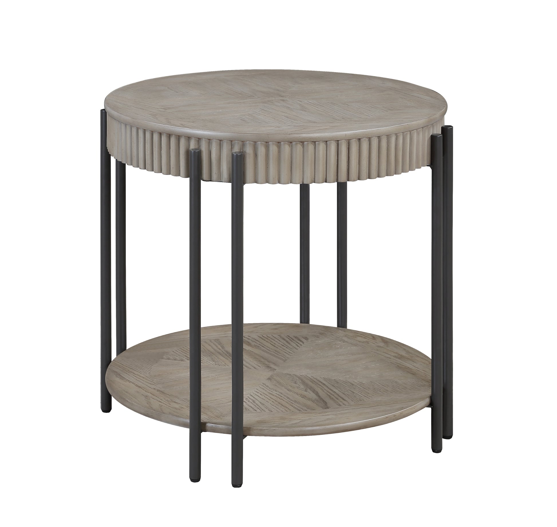 Round wooden side table with fluted detail and matte black metal legs