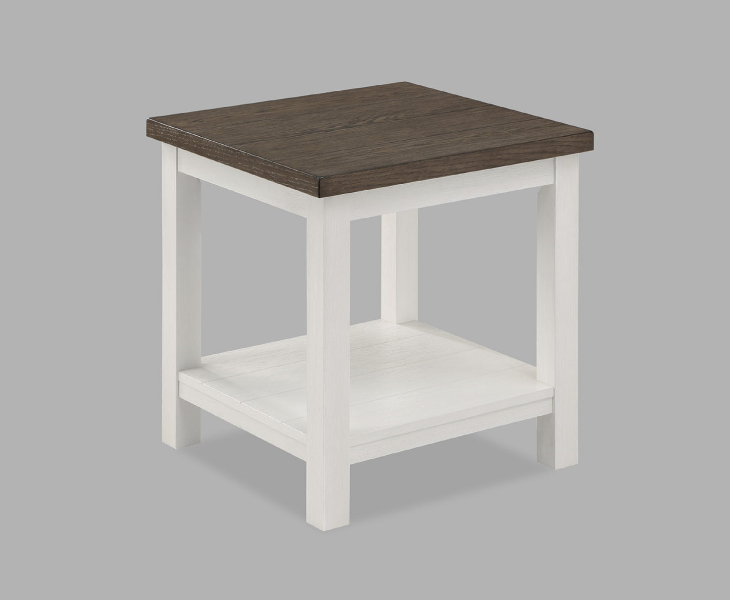 Rustic wood end table with a distressed white frame and dark wood top featuring an open lower shelf for storage