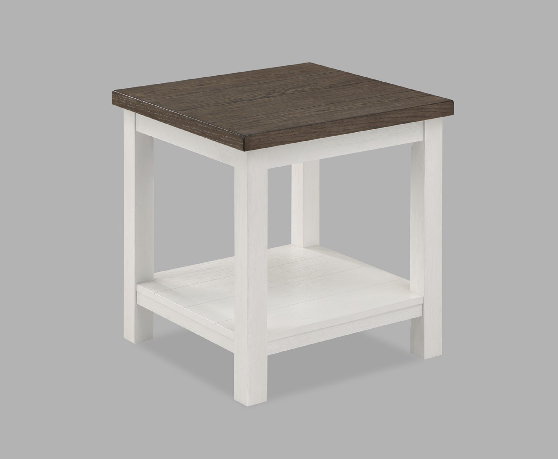 Rustic wood end table with a distressed white frame and dark wood top featuring an open lower shelf for storage