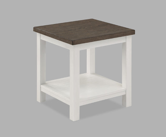 Rustic wood end table with a distressed white frame and dark wood top featuring an open lower shelf for storage