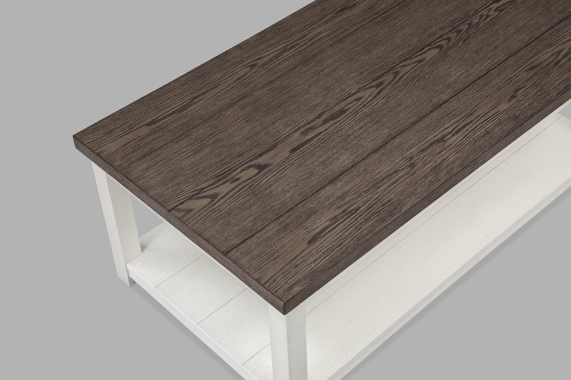 Dark wood plank coffee table with white base and storage shelf
