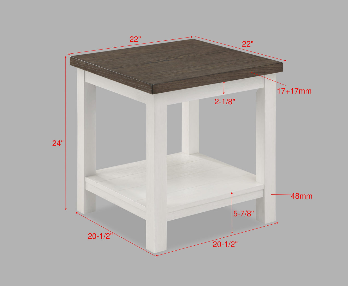 A twotiered brown and white end table with rustic wood grain top  H