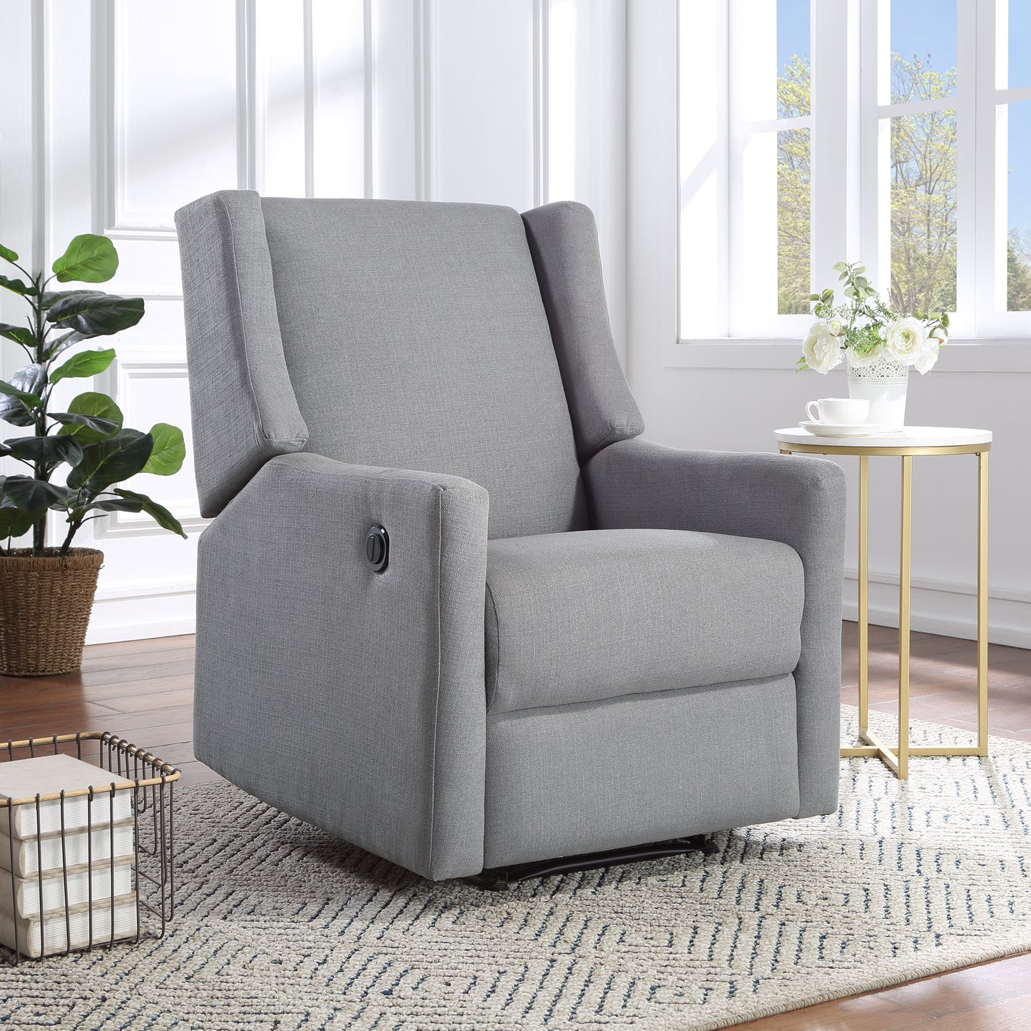 Contemporary grey fabric recliner with plush cushioning and smooth swivel motion