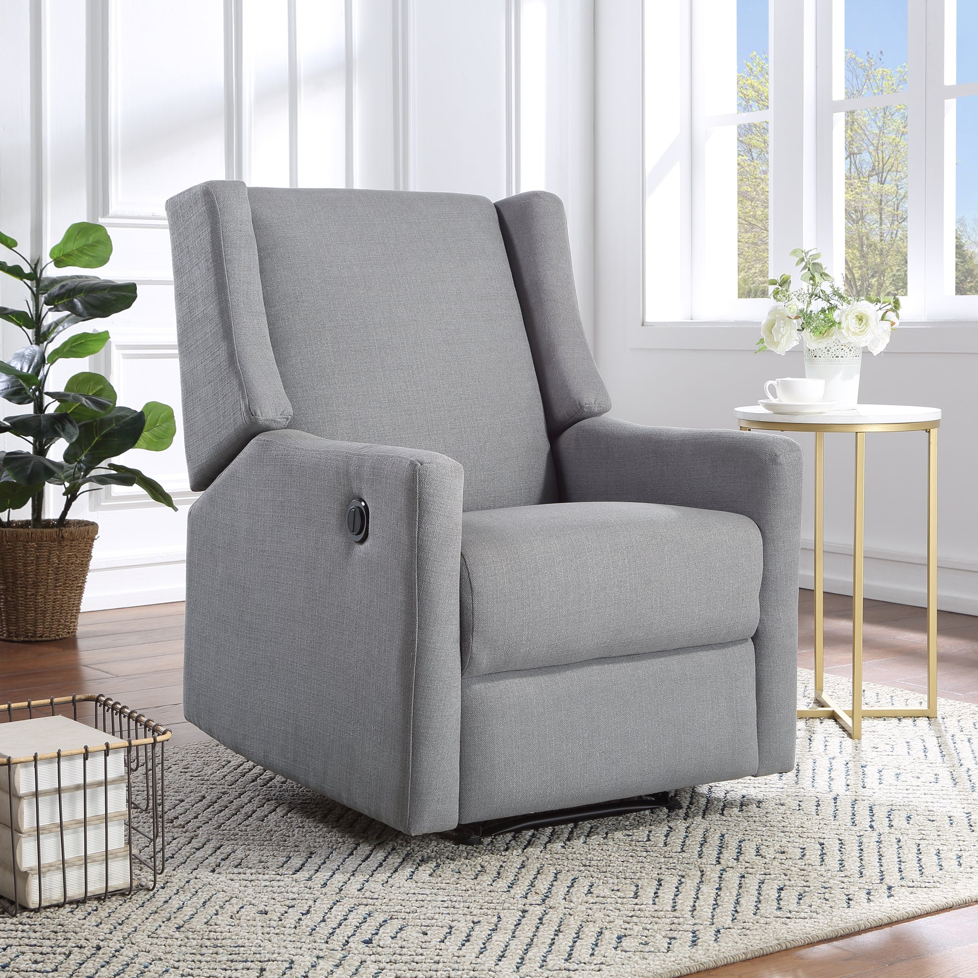 Contemporary grey fabric recliner with plush cushioning and smooth swivel motion