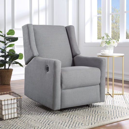 Contemporary grey fabric recliner with plush cushioning and smooth swivel motion