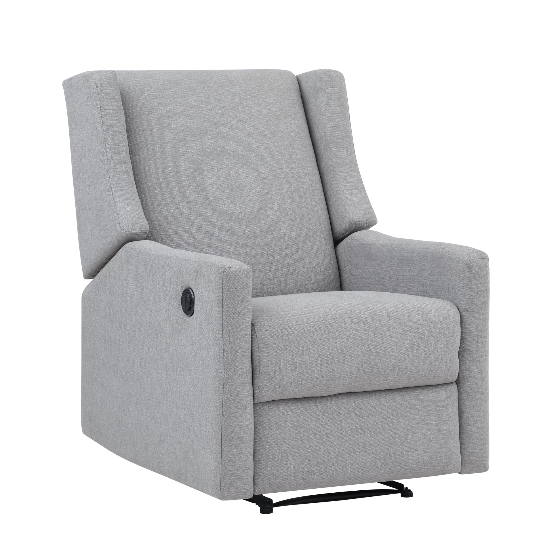 Gray fabric recliner chair with padded arms and a side lever for reclining action