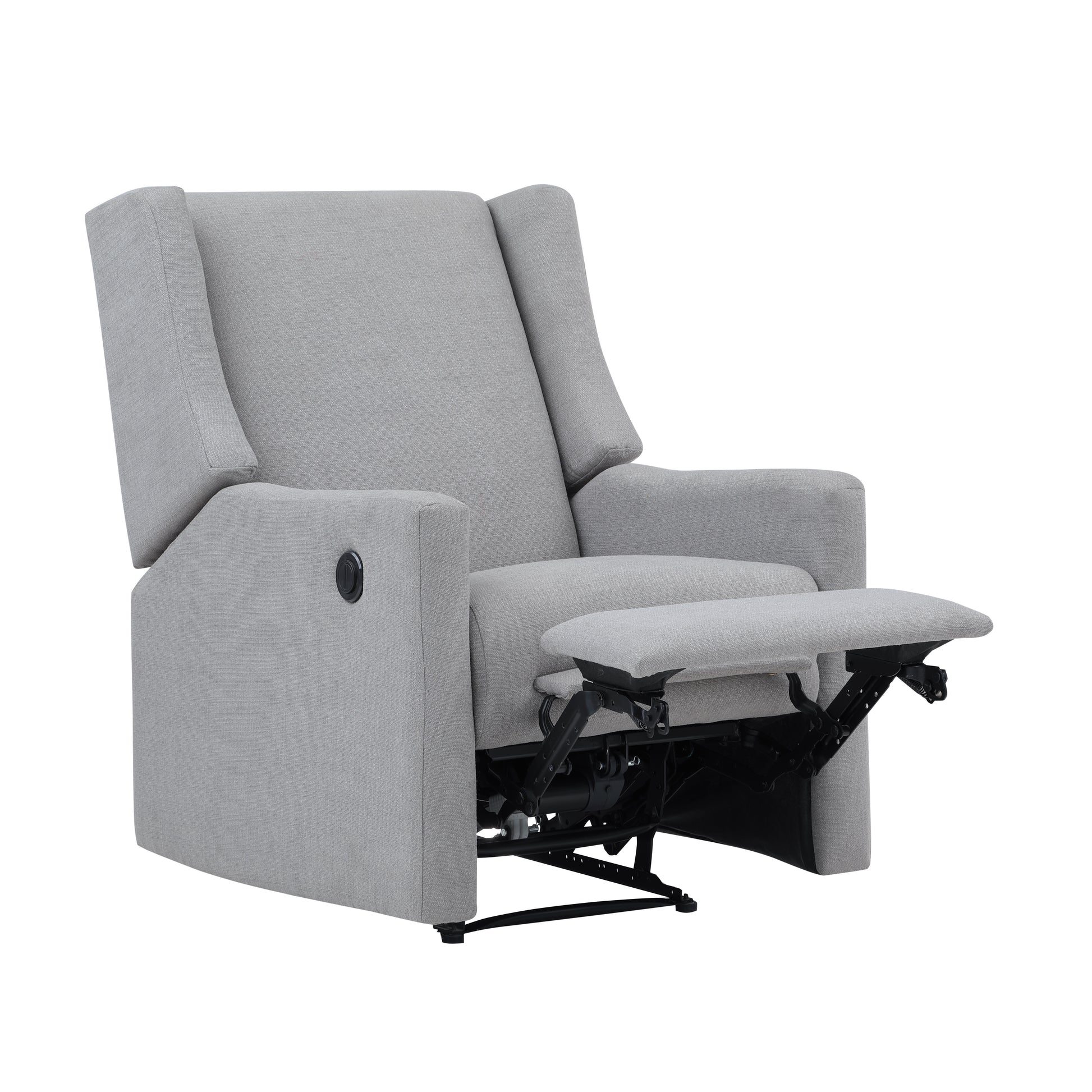 Gray fabric recliner chair with fully extended footrest ideal for relaxation