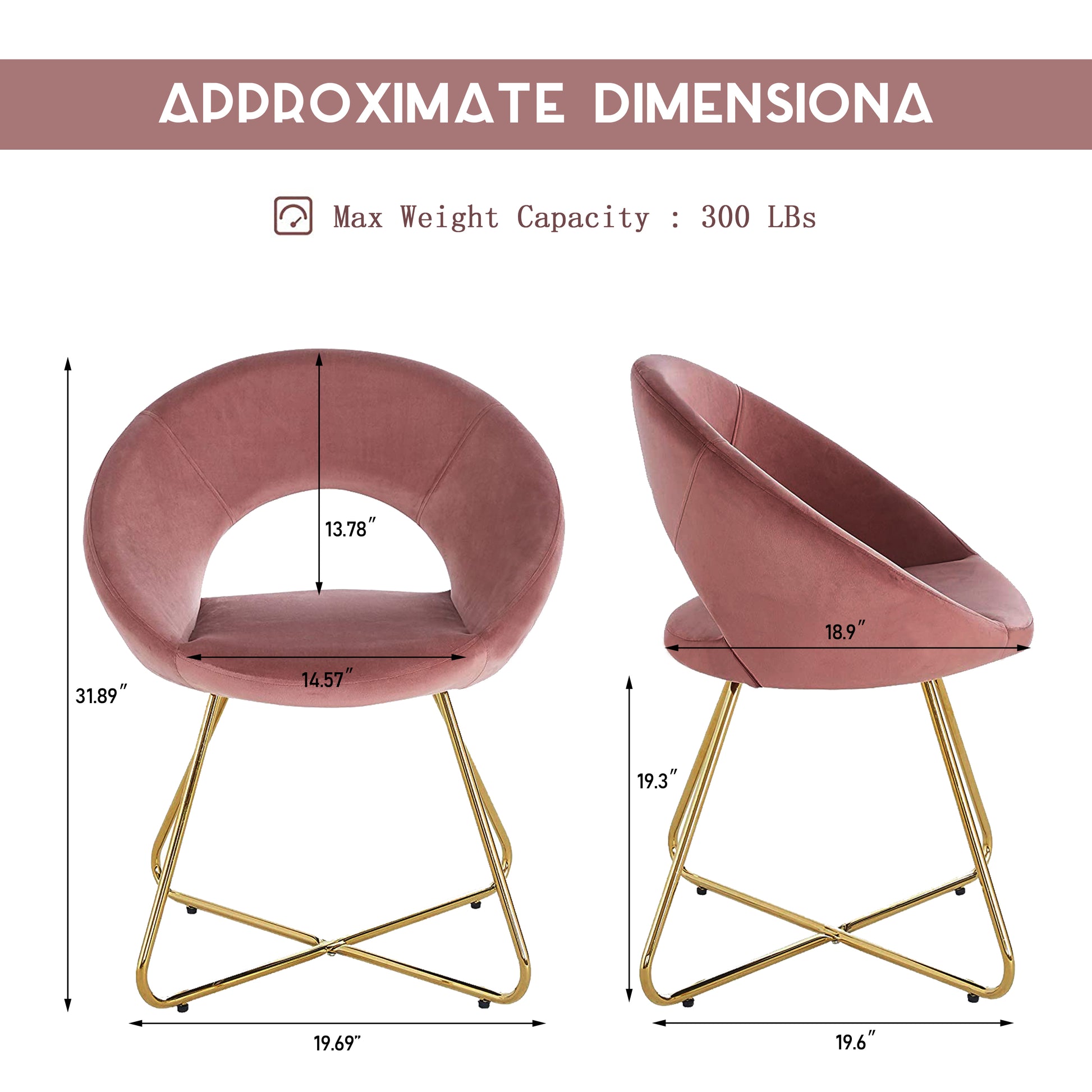 Pink velvet accent chair with modern gold metal legs and comfortable curved back