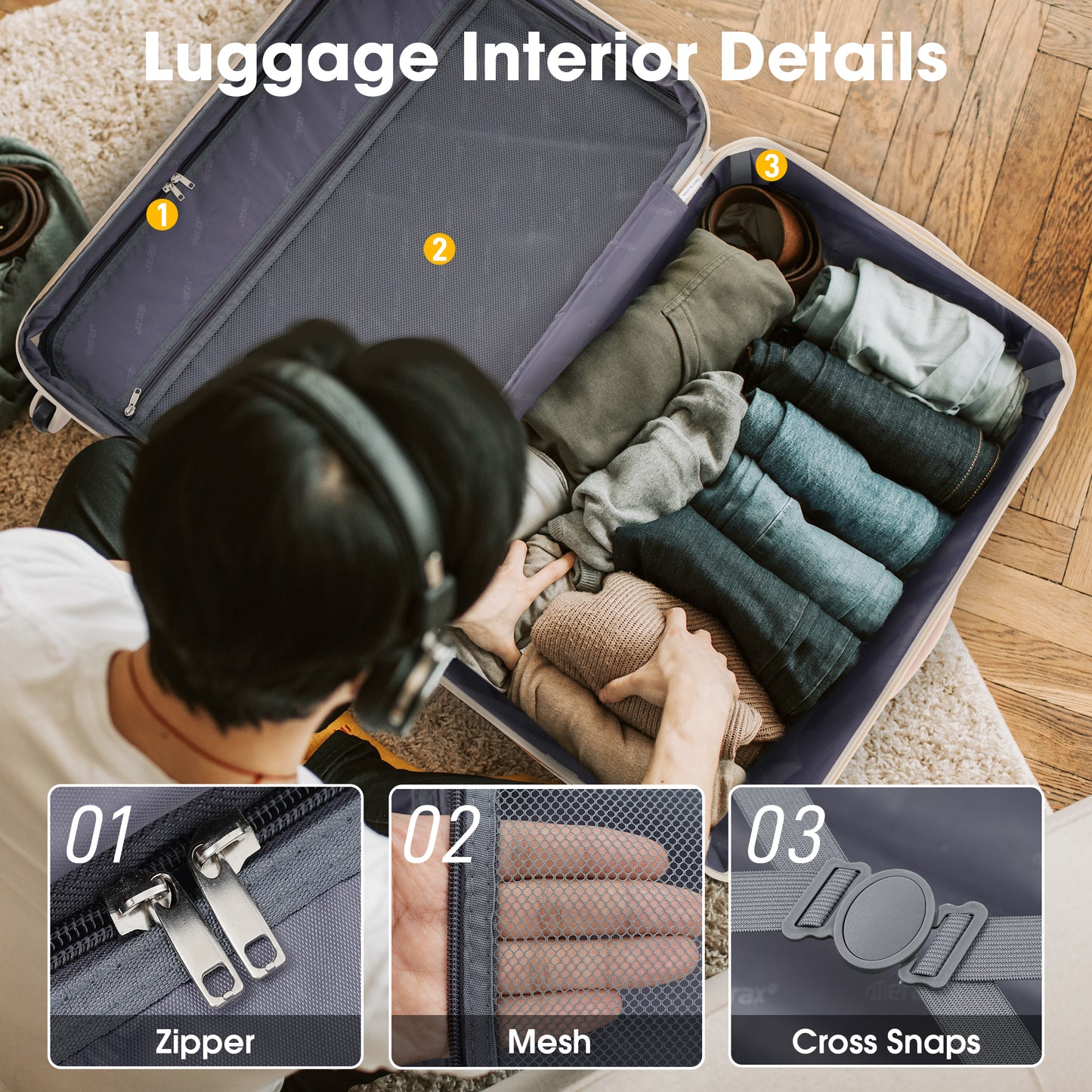 Closeup of a luggage zipper highlighting its durable metal pull tabs for easy opening and closing