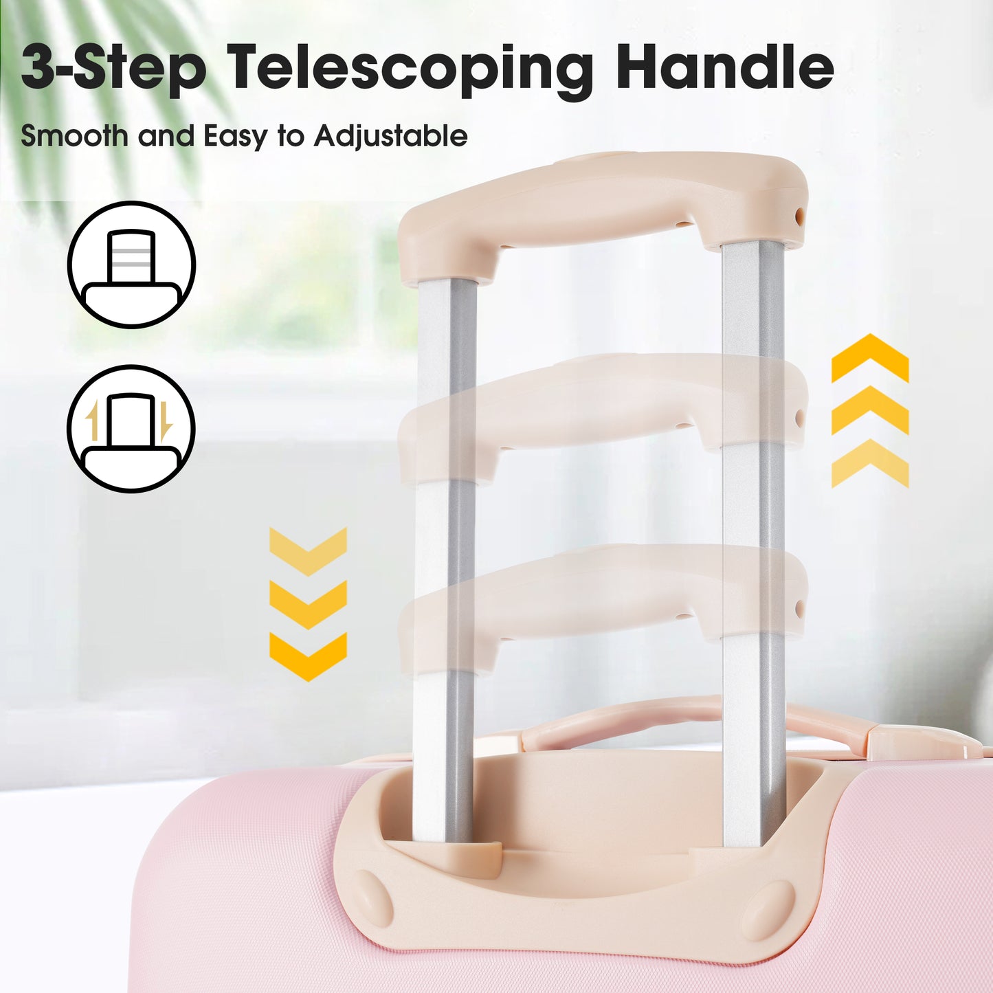 Pink luggage features a threestep telescoping handle with smooth adjustment for easy travel