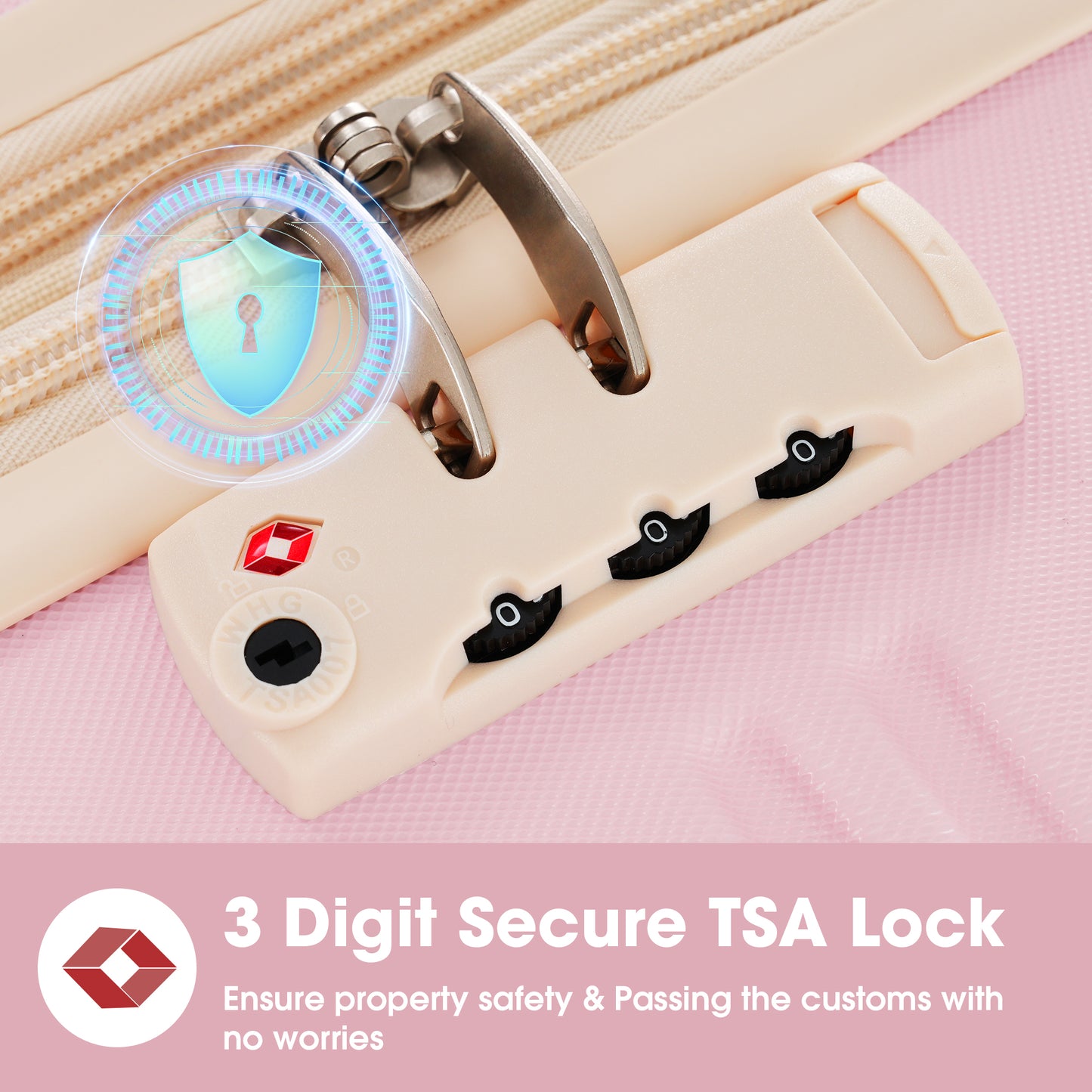 Closeup of a beige digit secure TSA lock on a pink suitcase zipper
