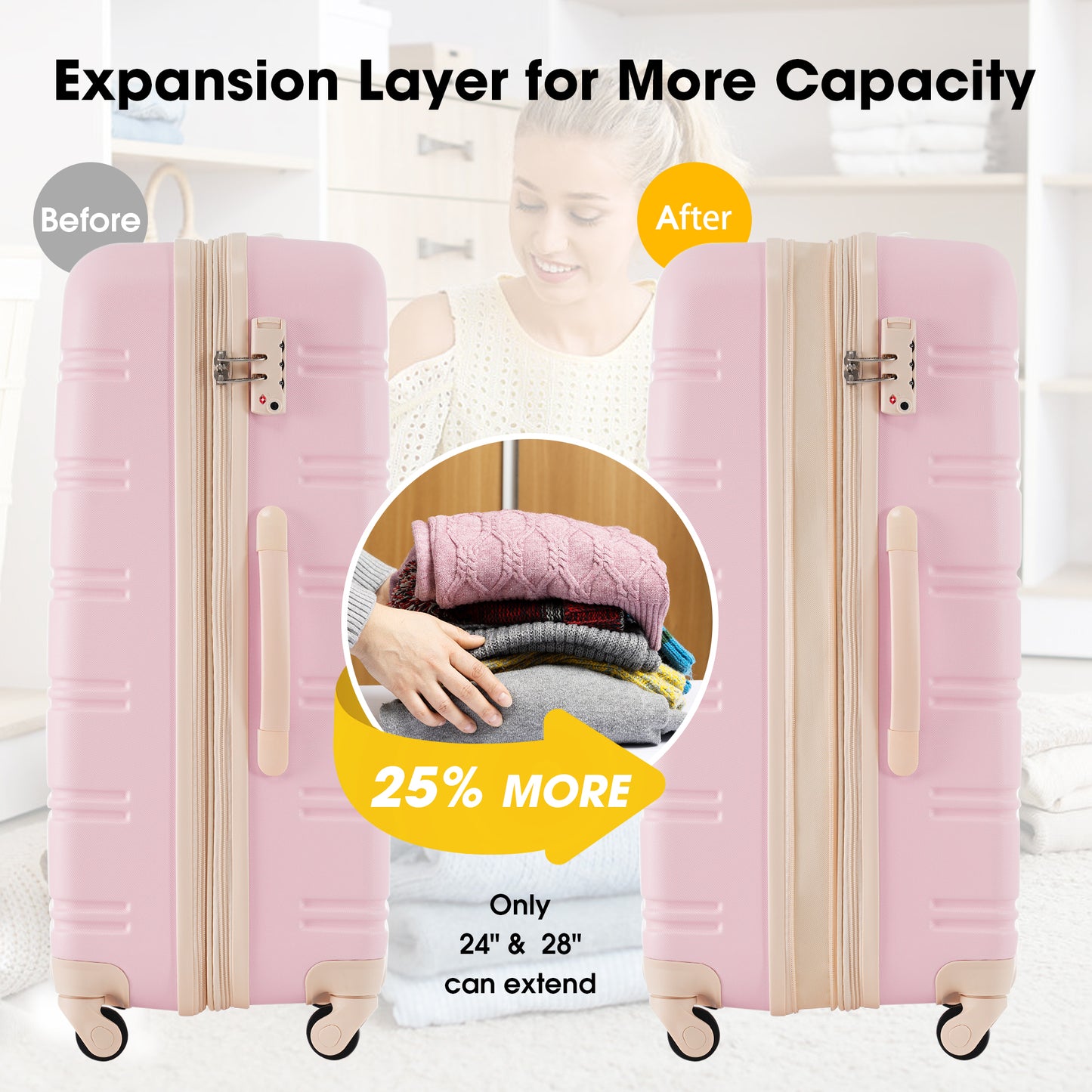 Pink expandable suitcase showing  more packing capacity