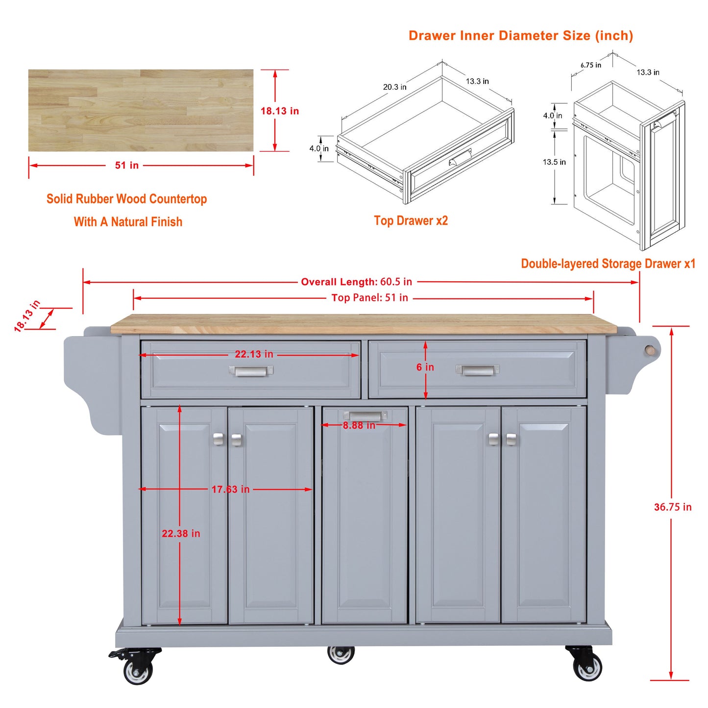 Gray kitchen island with solid rubber wood countertop and drawers