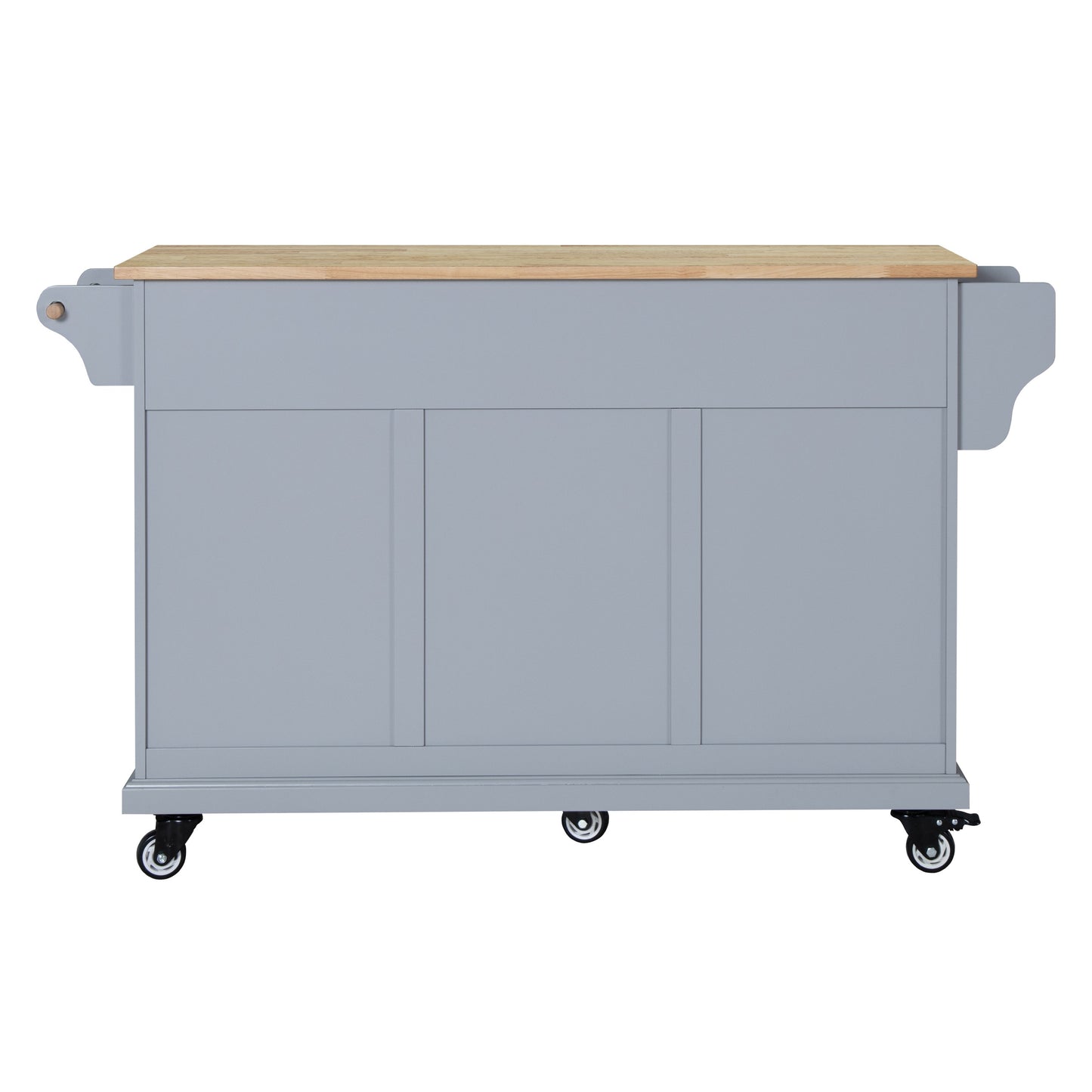 Gray kitchen island cart with butcher block top and casters