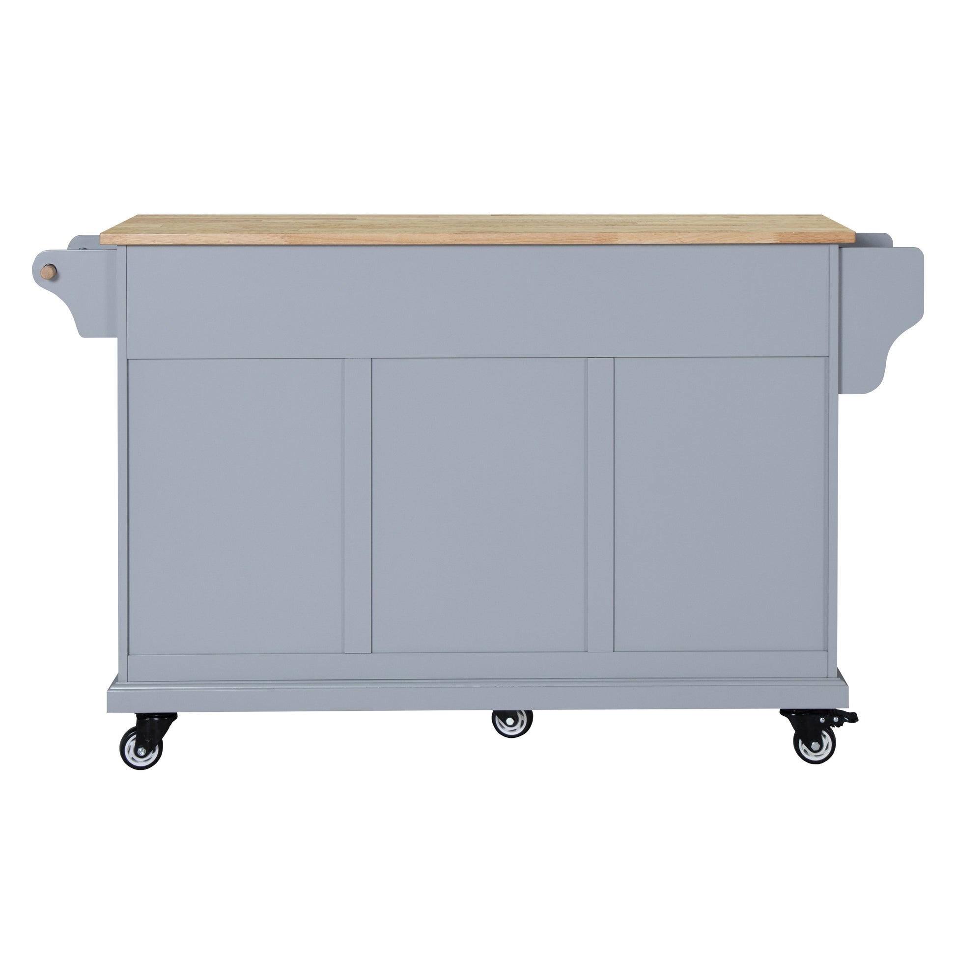 Gray kitchen island cart with butcher block top and casters