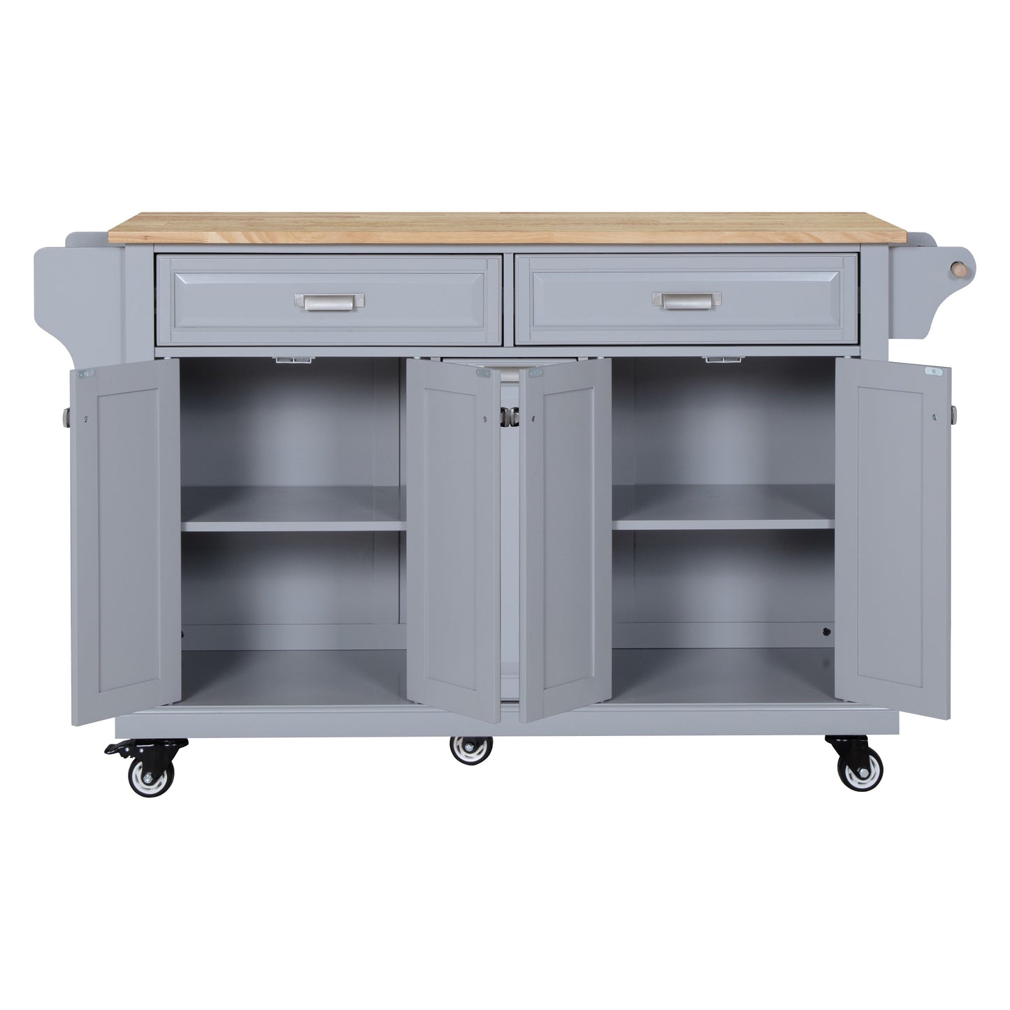Grey kitchen island cart with butcher block top and four caster wheels