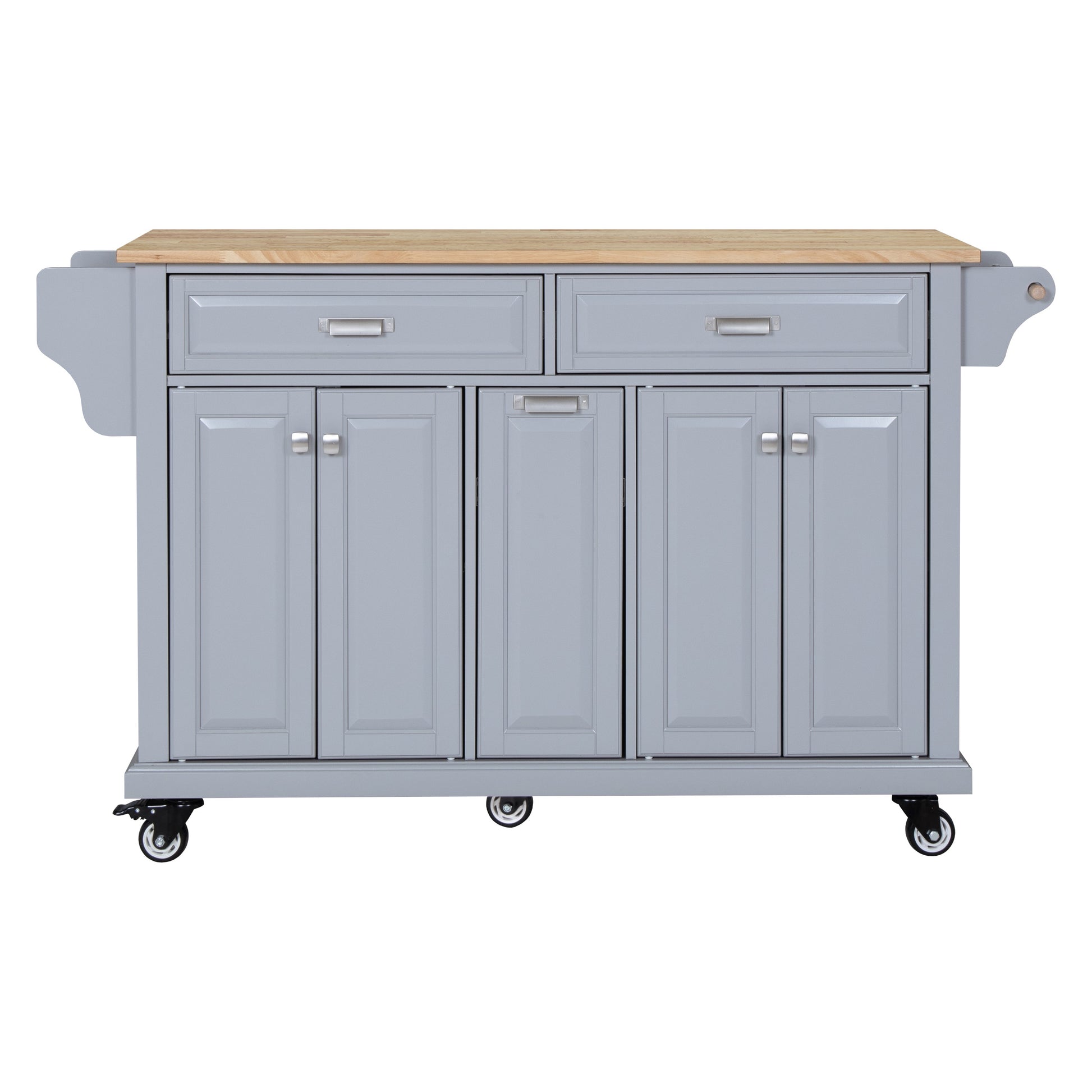 Gray kitchen island with butcher block top and silver hardware