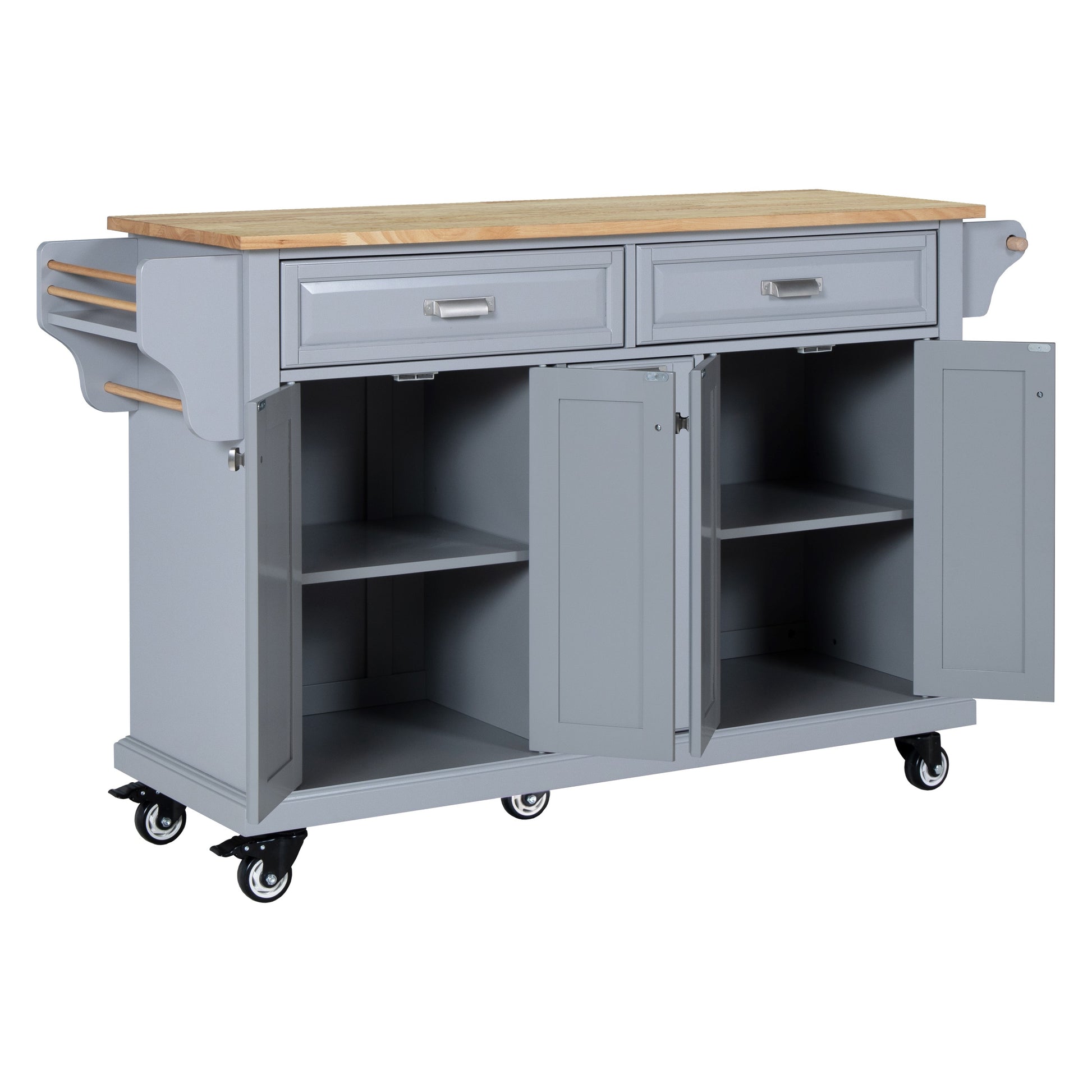 Gray kitchen island with butcher block top two drawers and two cabinets on wheels