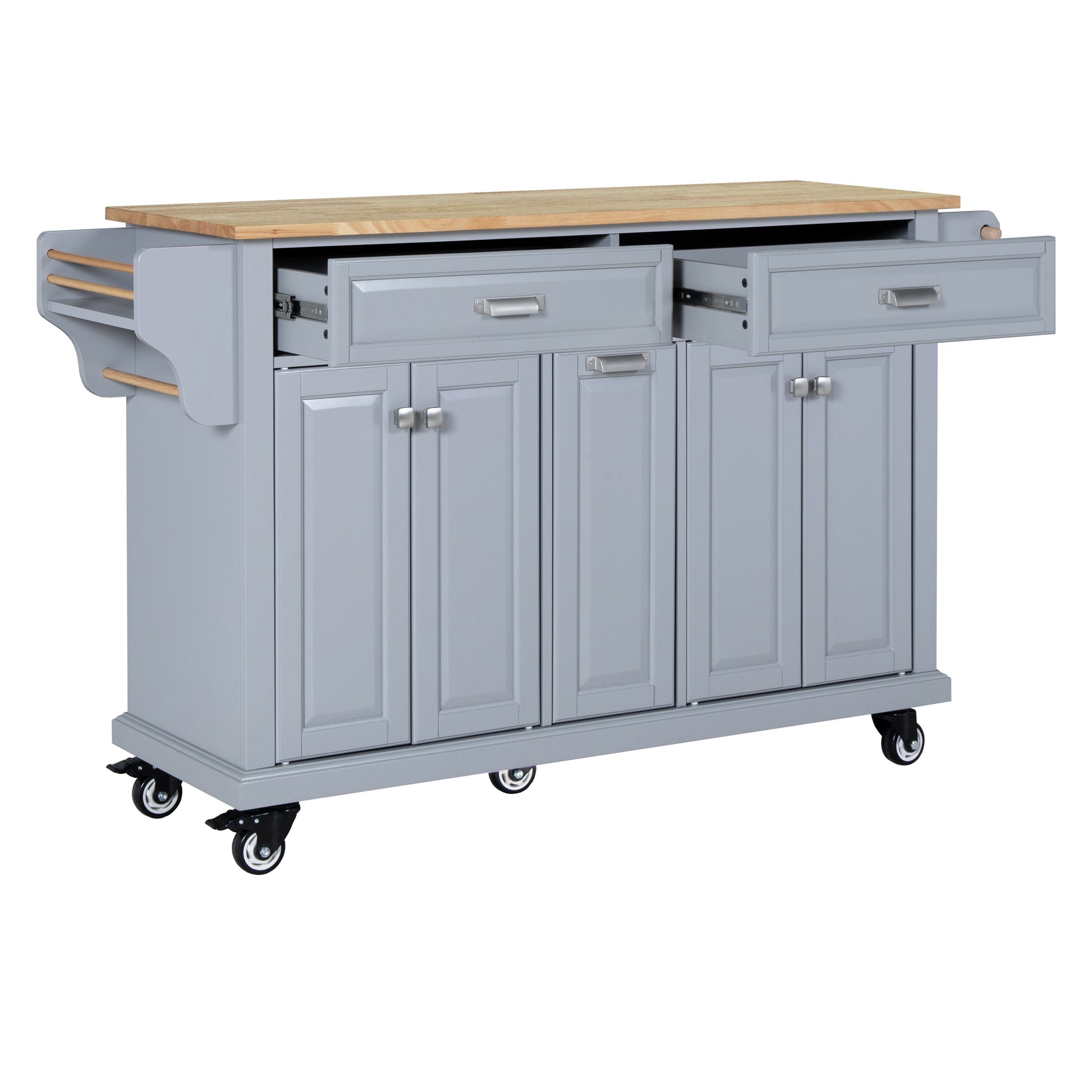 Gray kitchen island with butcher block top and casters