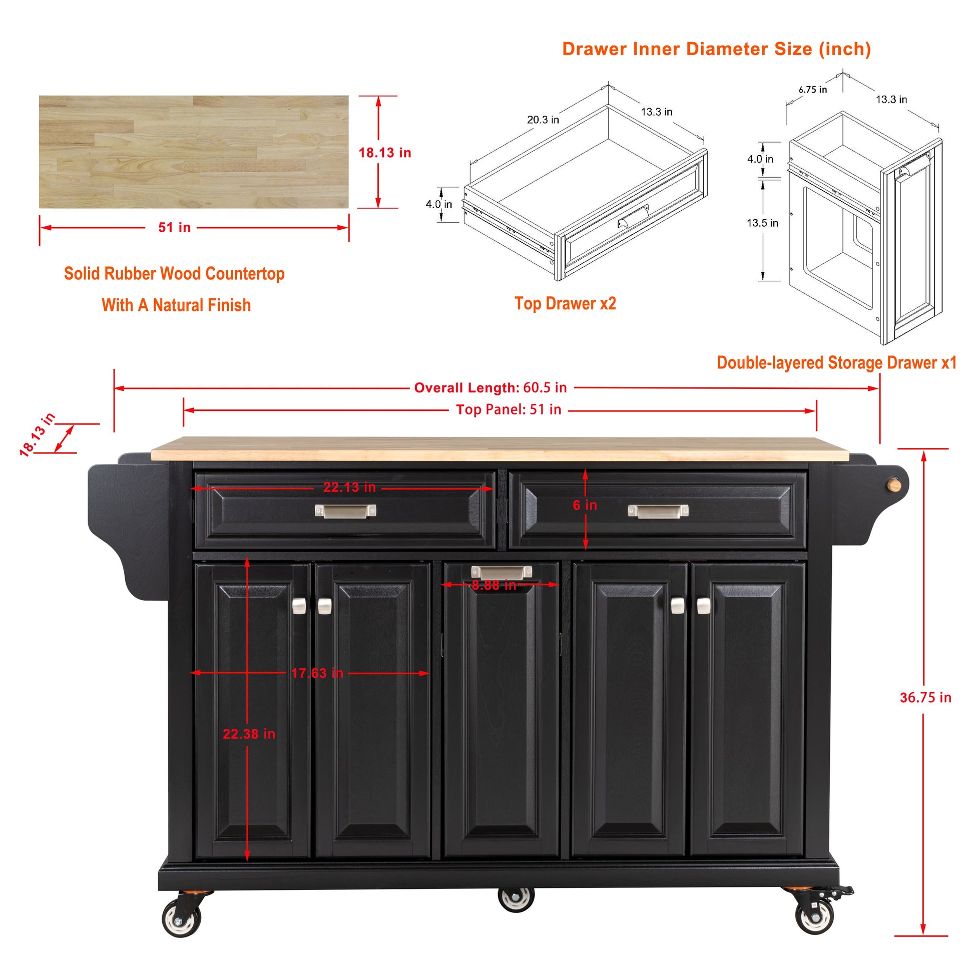 Black kitchen island with rubber wood countertop and duallayered storage drawer