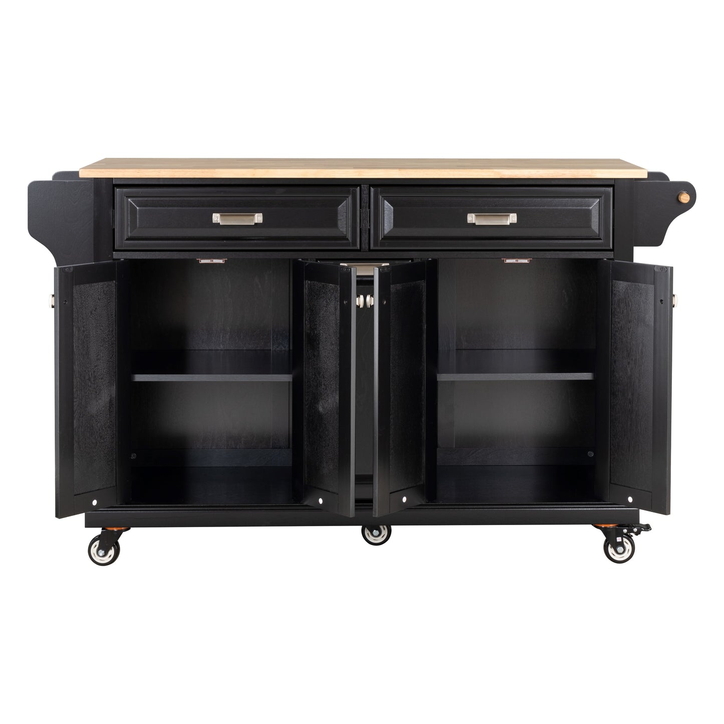 Black kitchen island cart with butcher block top and open cabinets