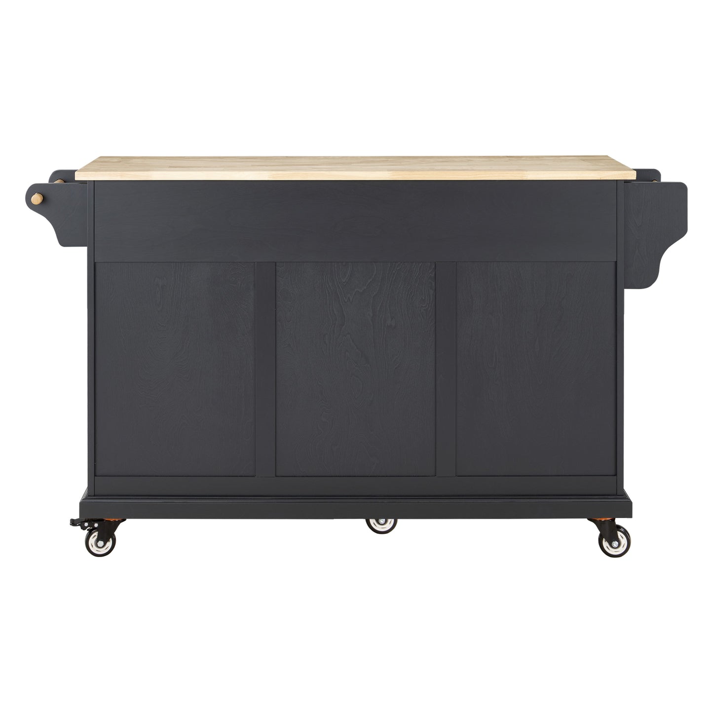 Dark gray kitchen island with butcher block top and wheels