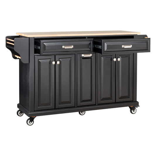 Black kitchen island cart with butcher block top and storage cabinets