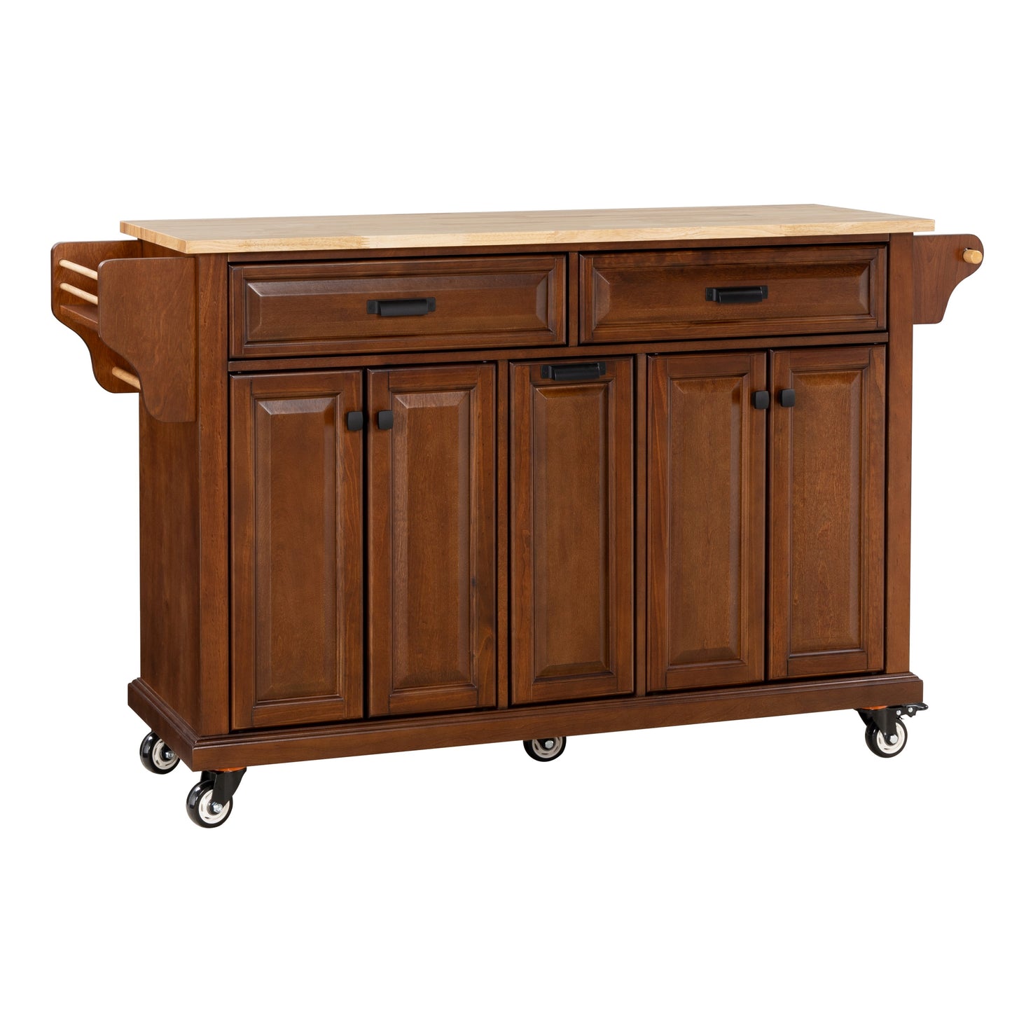 Dark wood kitchen island with butcher block top and casters