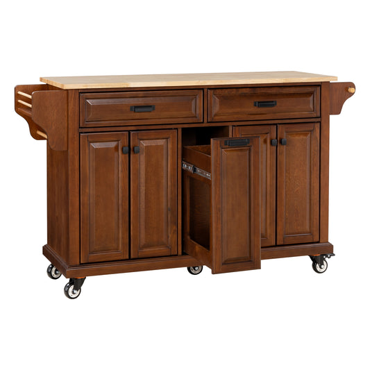 Warm brown wood kitchen island with butcher block top and pullout drawer