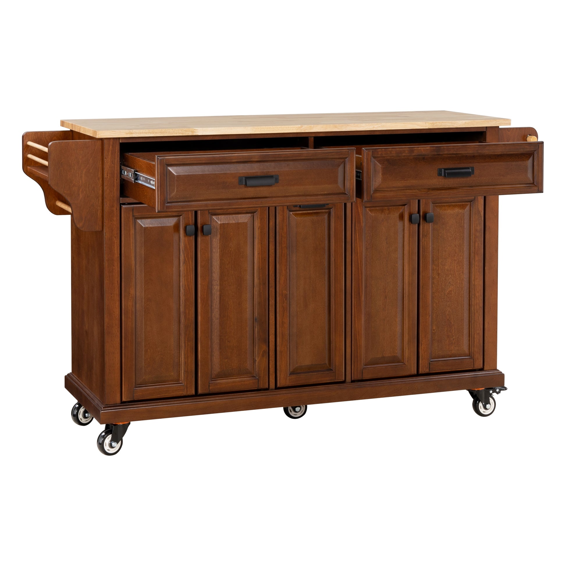 Rich cherry wood kitchen island with butcher block top open drawer and cabinet doors