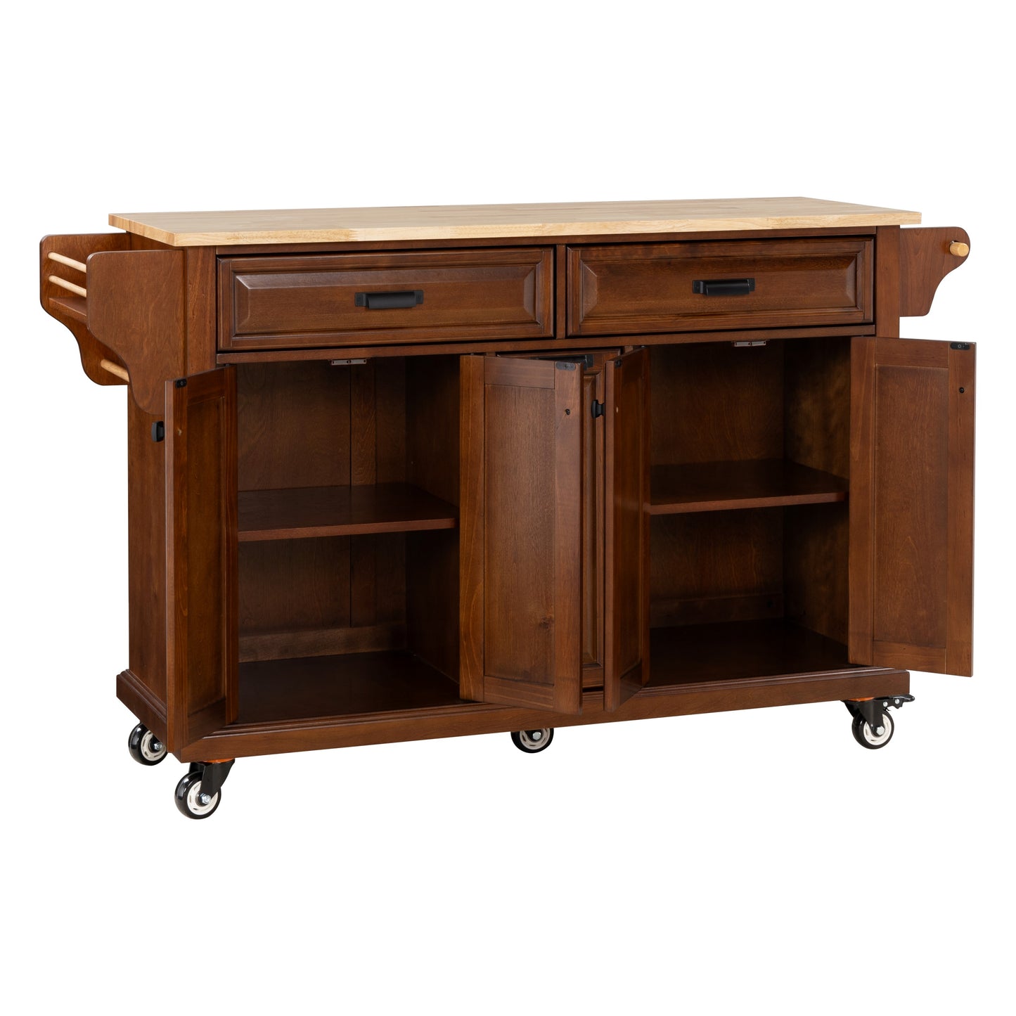 Wooden kitchen island with butcher block top and black drawer pulls