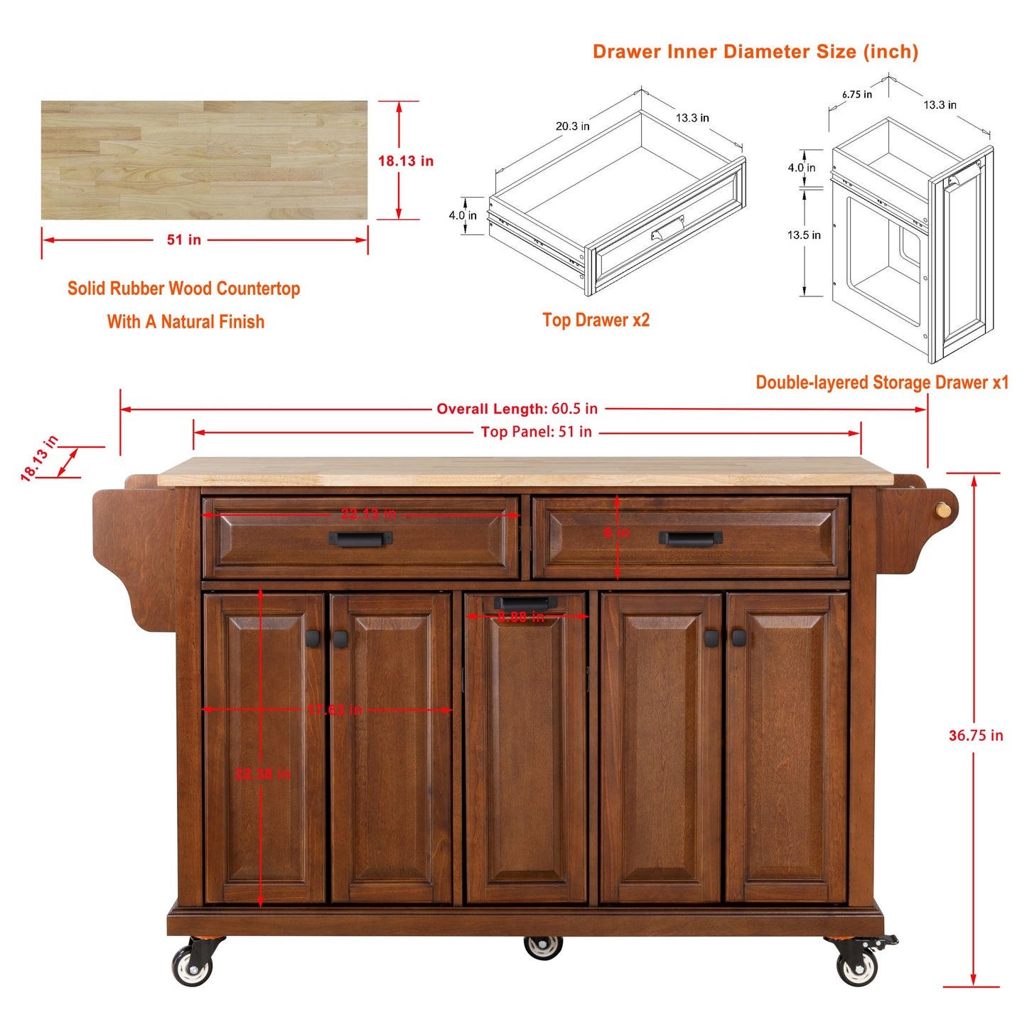 Dark wood kitchen island with a butcher block countertop and silver hardware