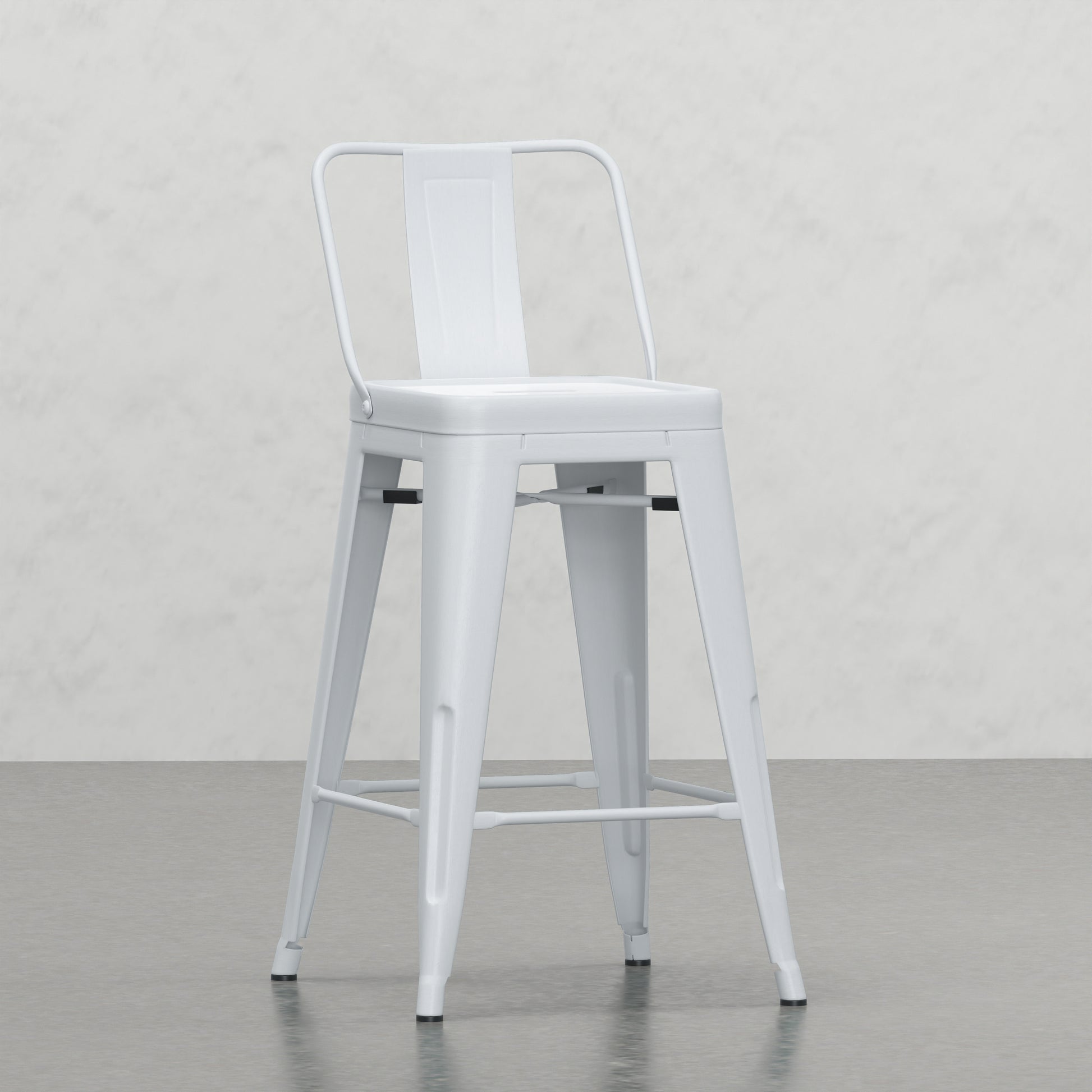 White metal bar stool with a backrest and footrest