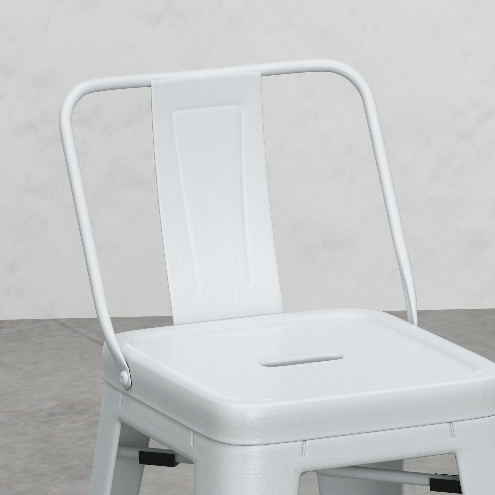 White metal industrial stool with curved backrest and cutout seat