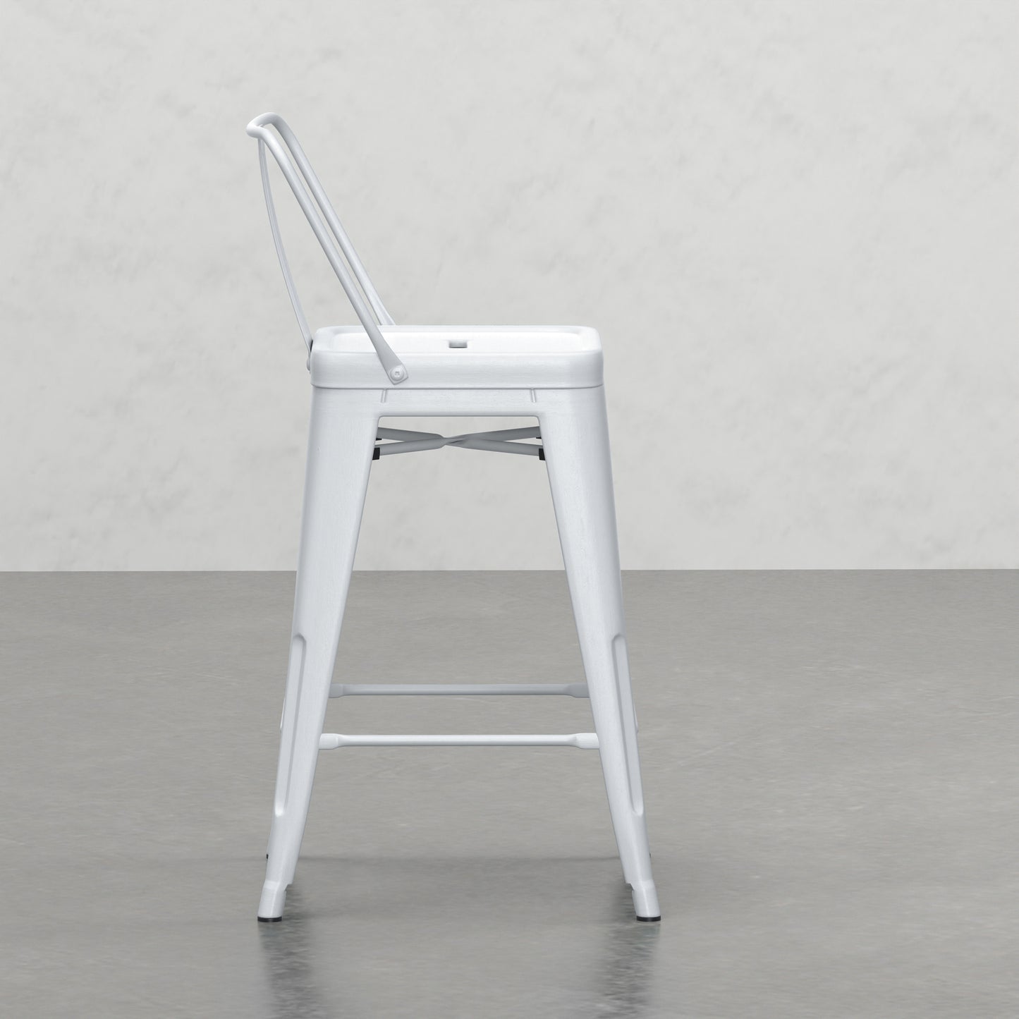 White metal industrial bar stool with back