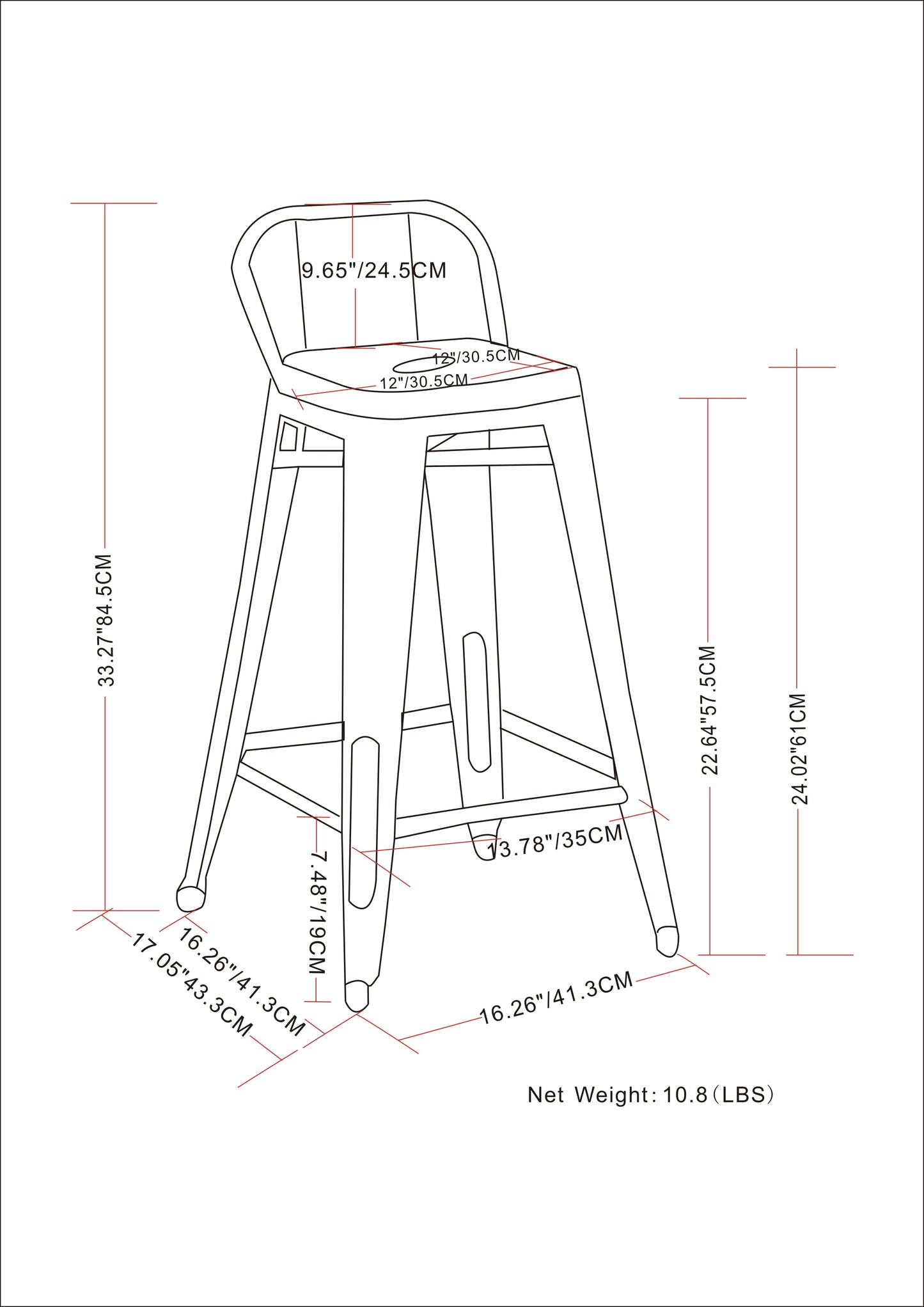 Black metal bar stool with backrest