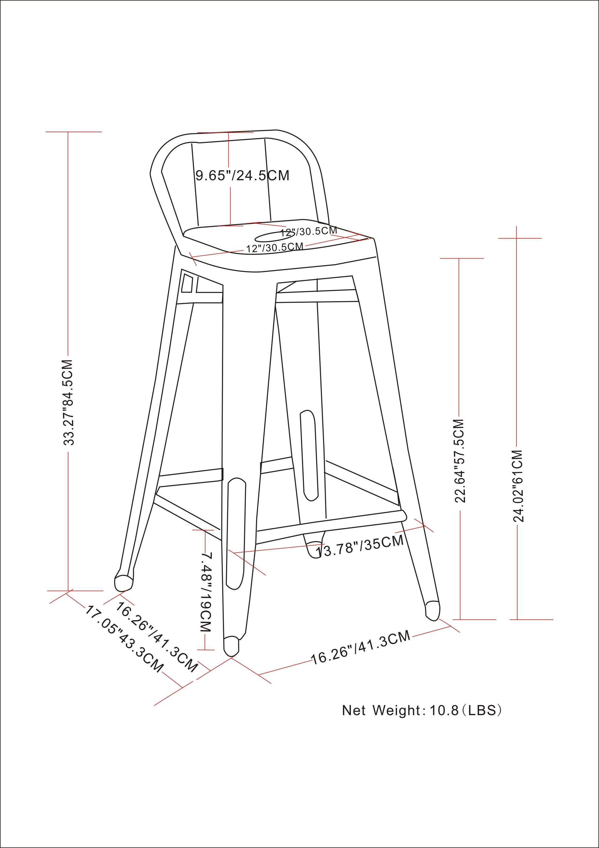 Black metal bar stool with backrest