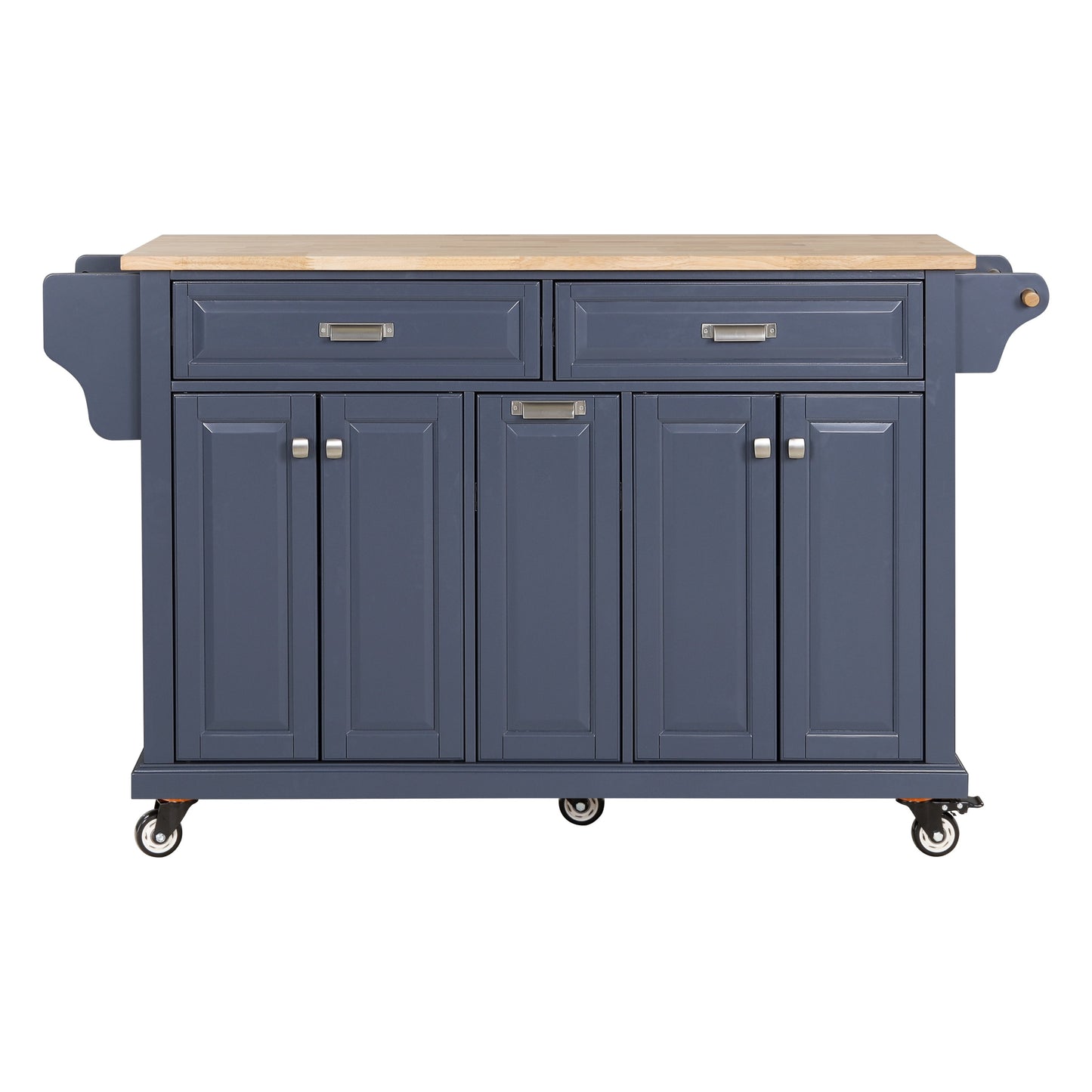 Navy blue kitchen island cart with butcher block top and silver hardware