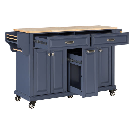 Navy blue kitchen island cart with natural wood top open drawers and storage cabinets on wheels