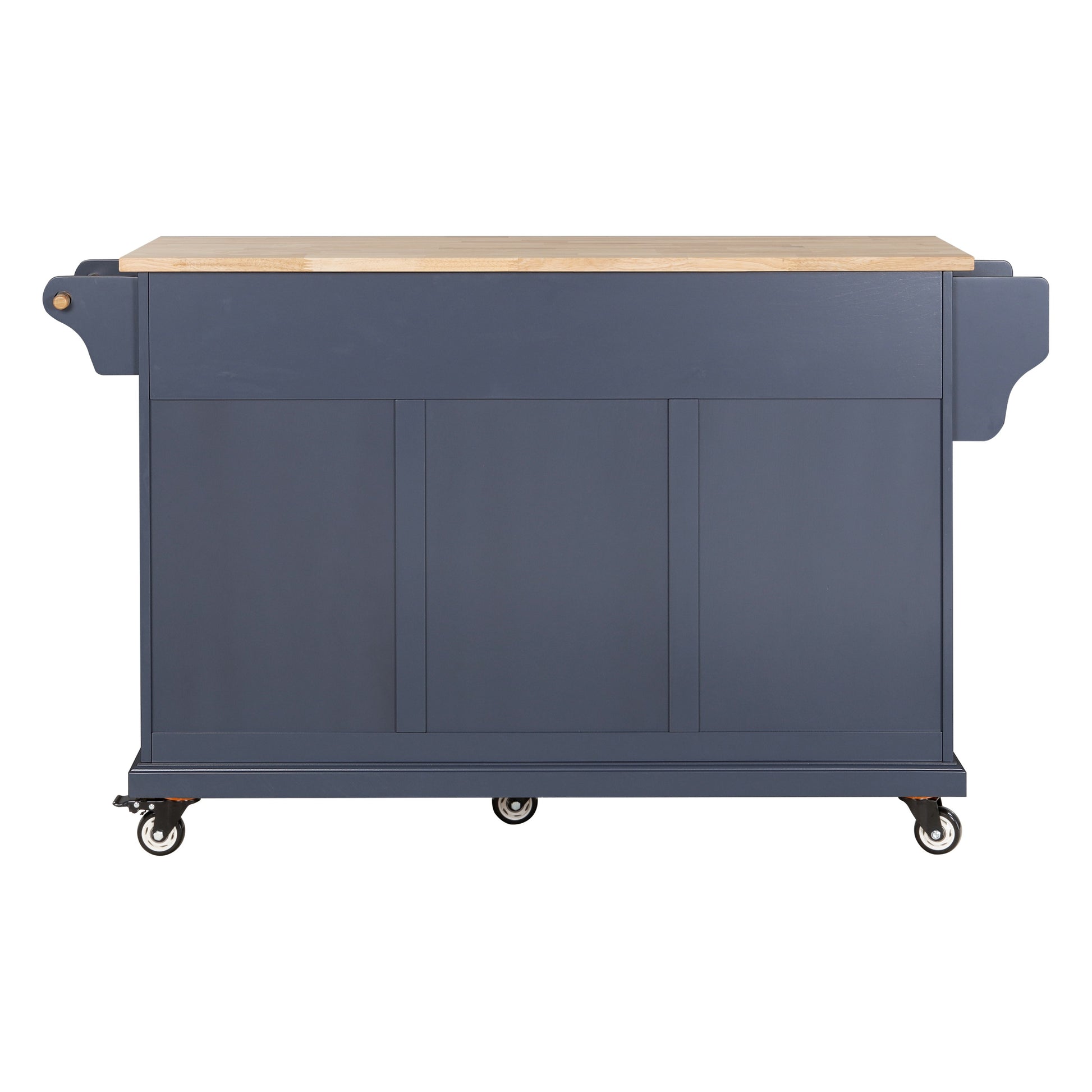 Dark grey kitchen island on wheels with butcher block top and drawer fronts