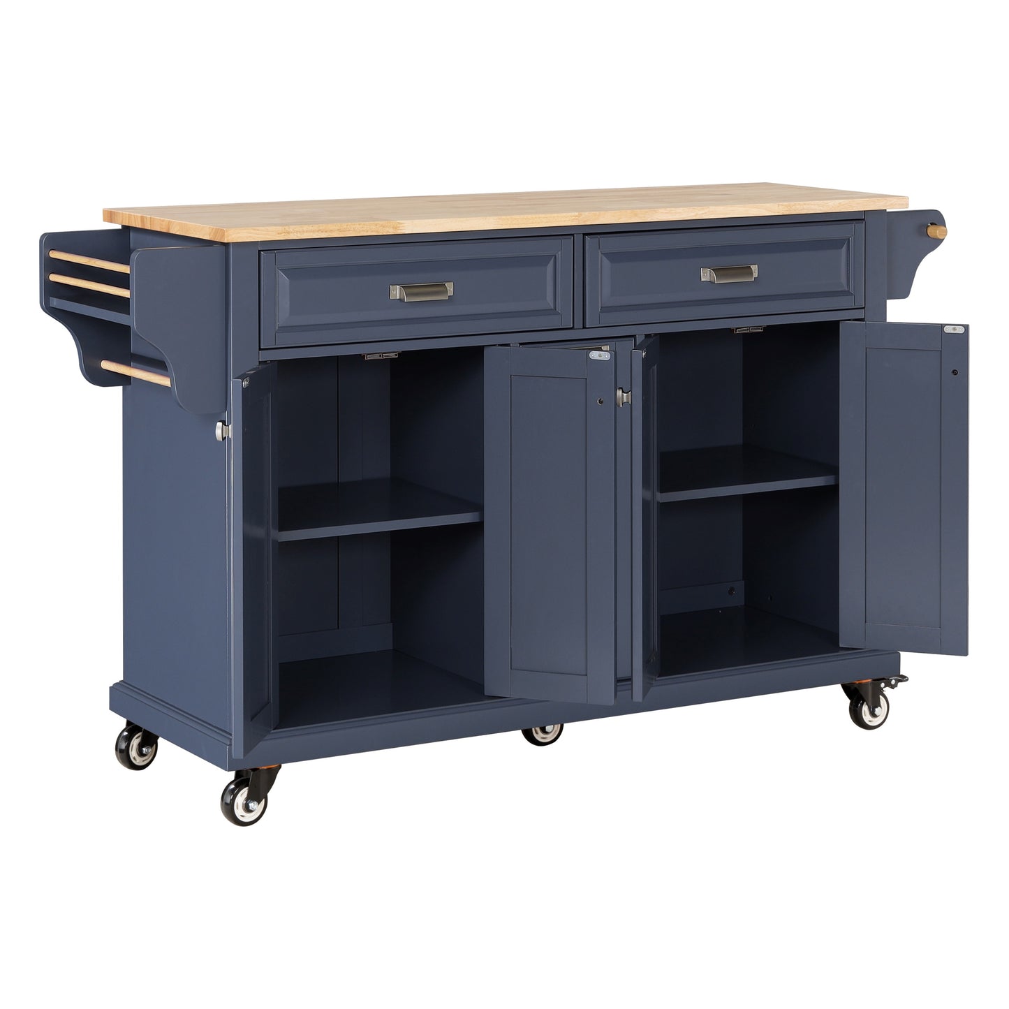 Navy blue kitchen island with butcher block top two drawers and dual cabinet storage