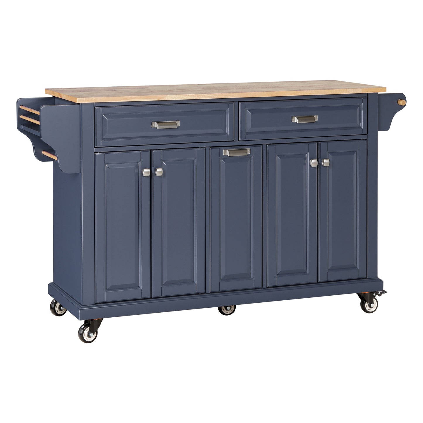 Navy blue kitchen cart with butcher block top and casters