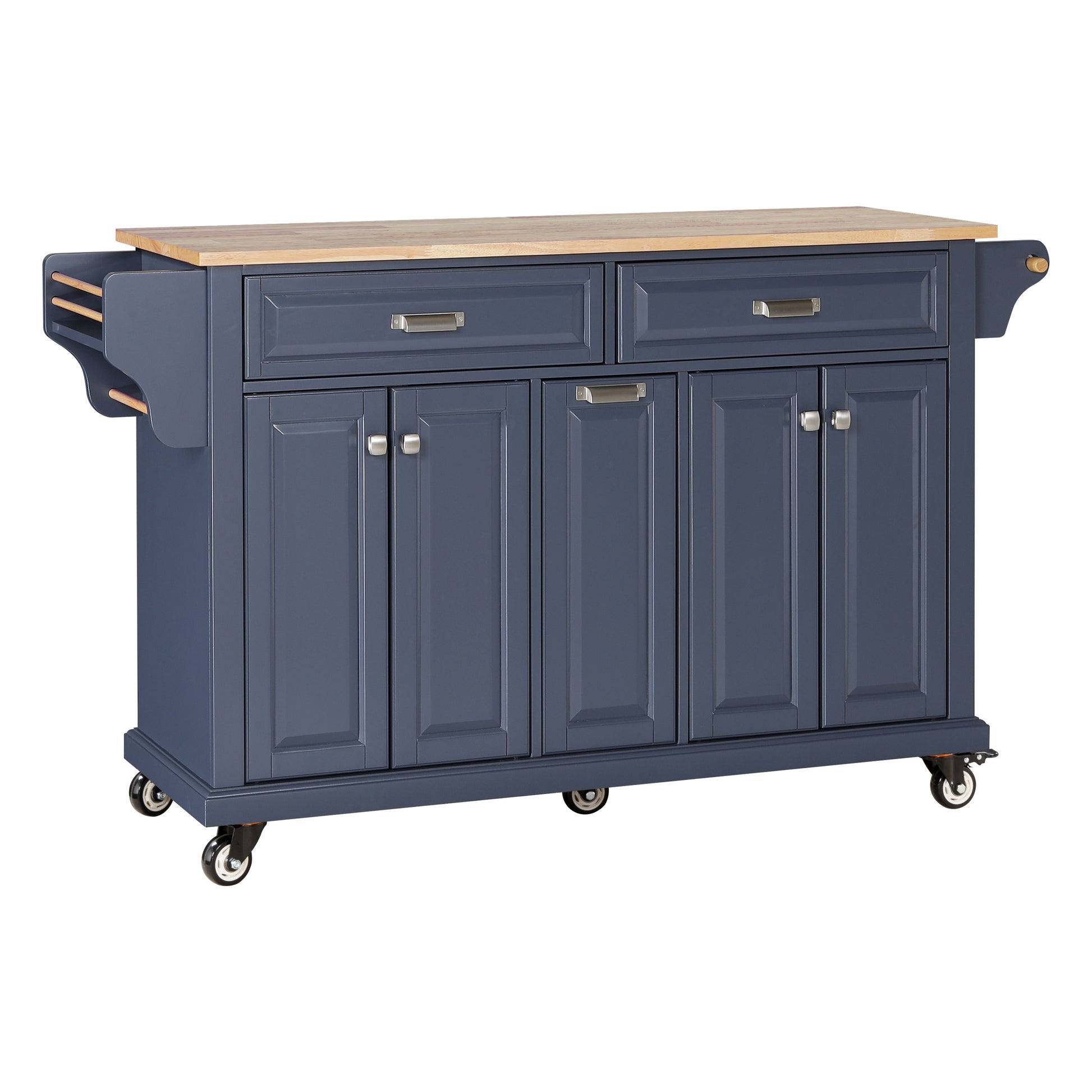 Navy blue kitchen cart with butcher block top and casters