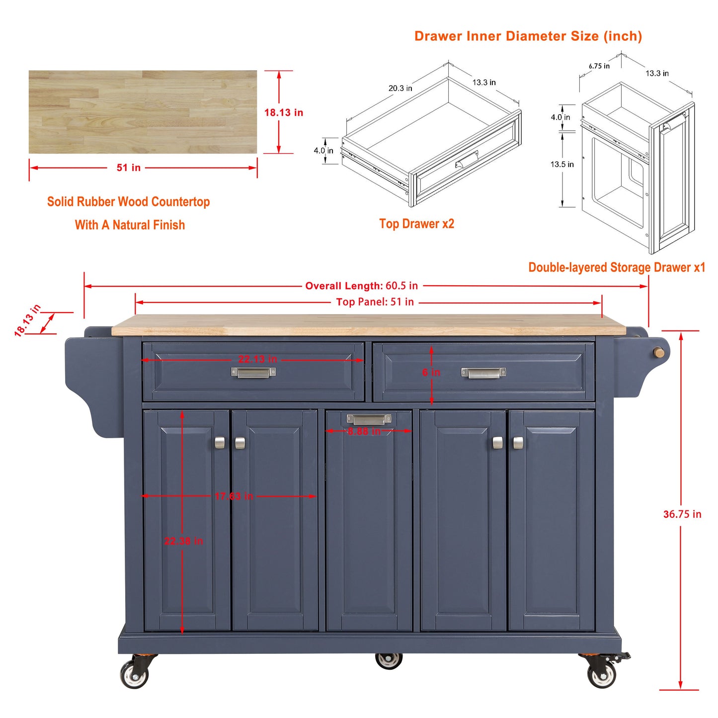 Blue kitchen island with natural rubber wood countertop and  drawers