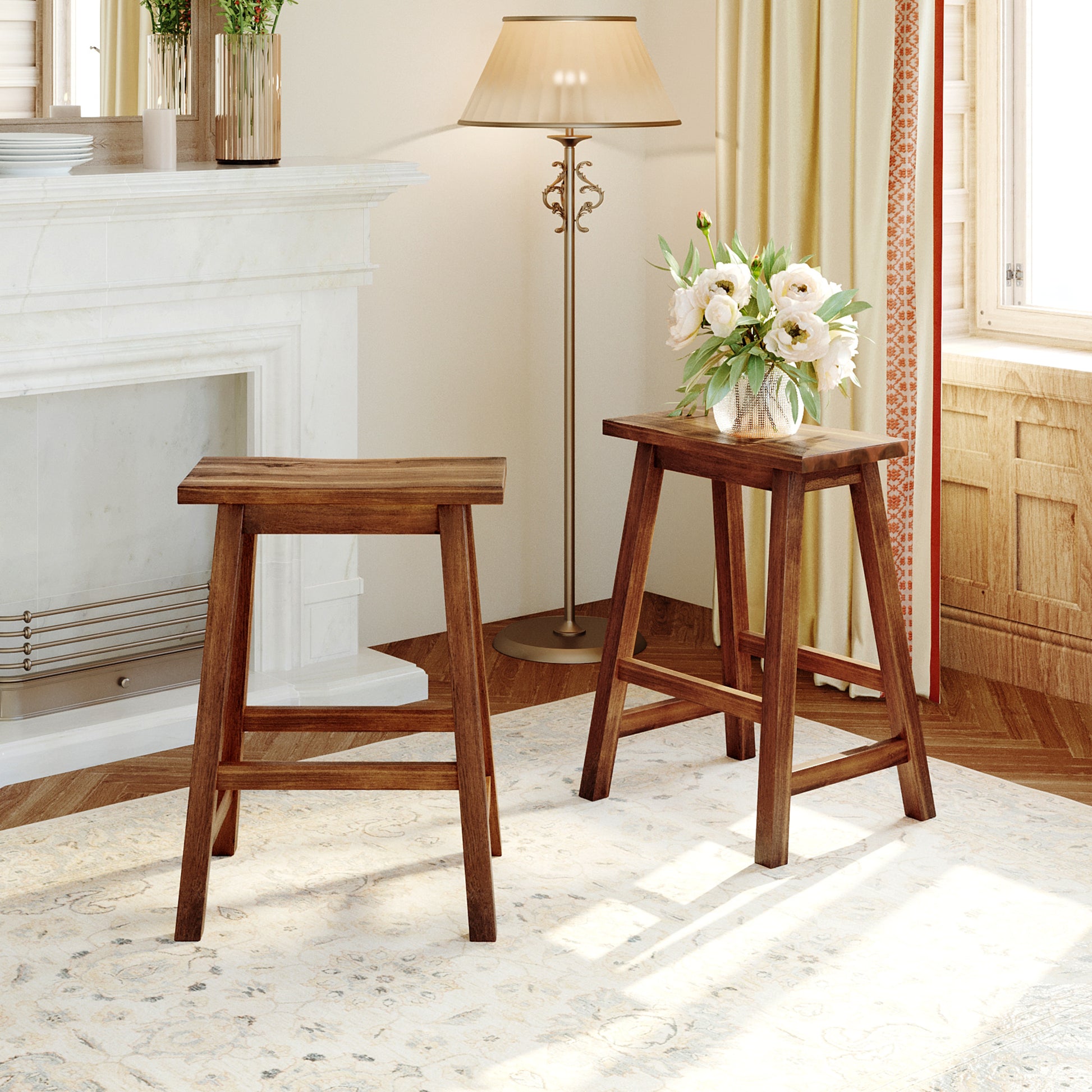 Two dark wood backless bar stools with clean lines