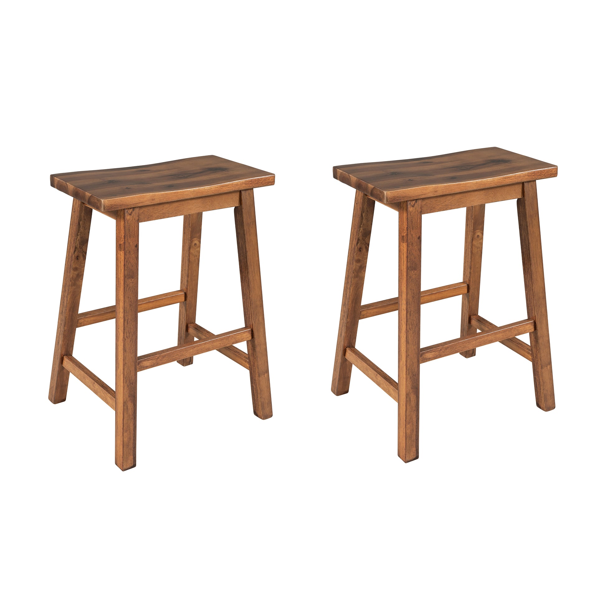 Two rustic wooden bar stools with dark brown distressed seats and sturdy legs perfect for a kitchen island