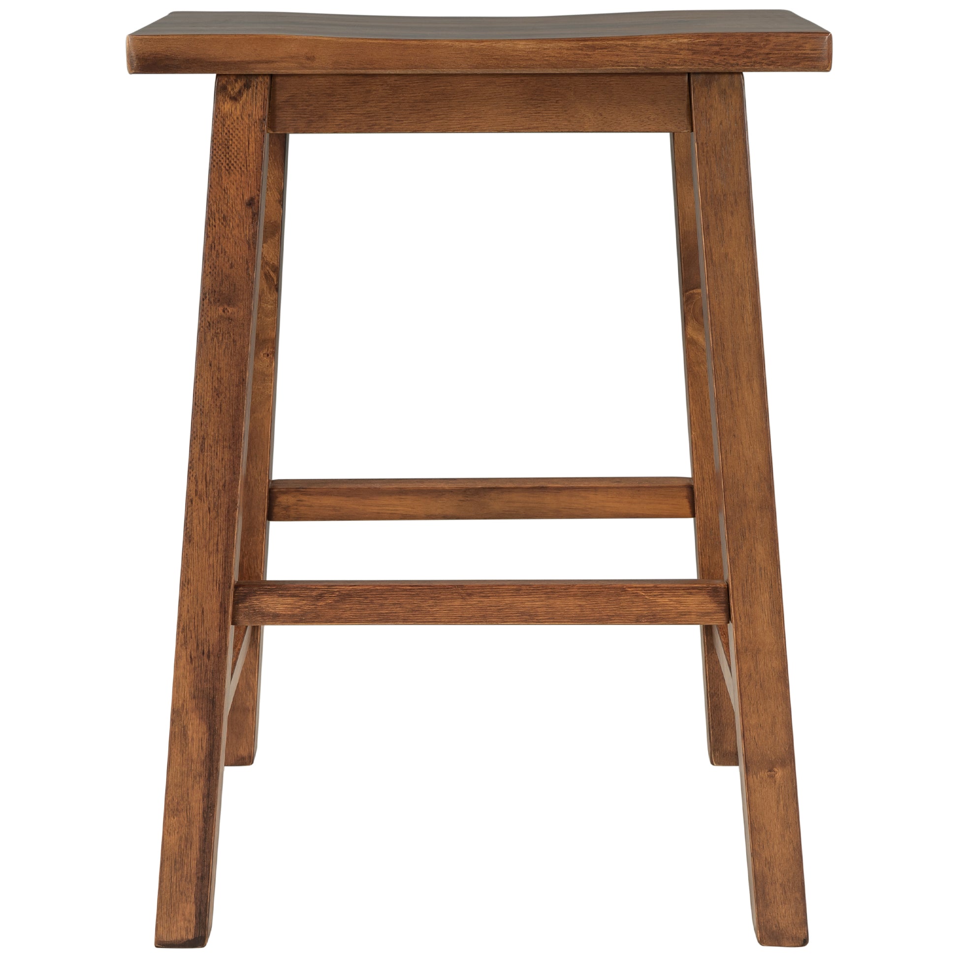 Front view of a dark brown wooden bar stool with a curved seat