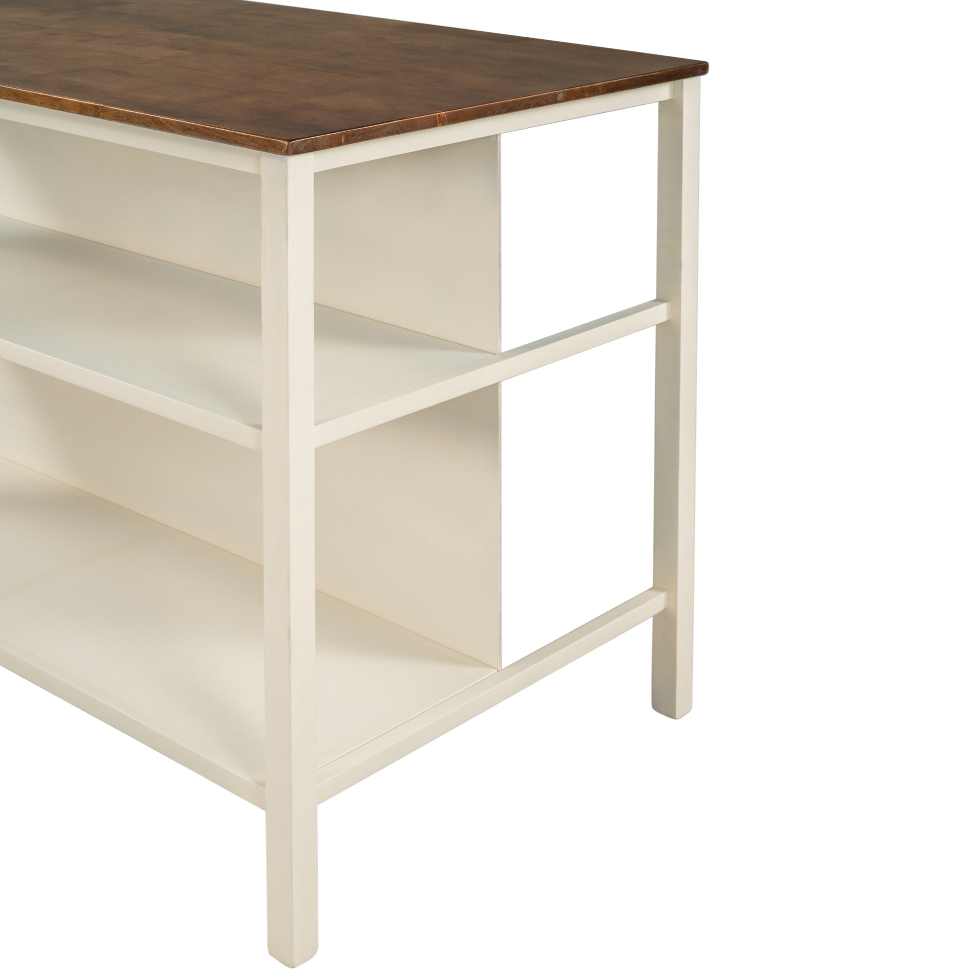 Cream storage island with rustic wood top and open shelves