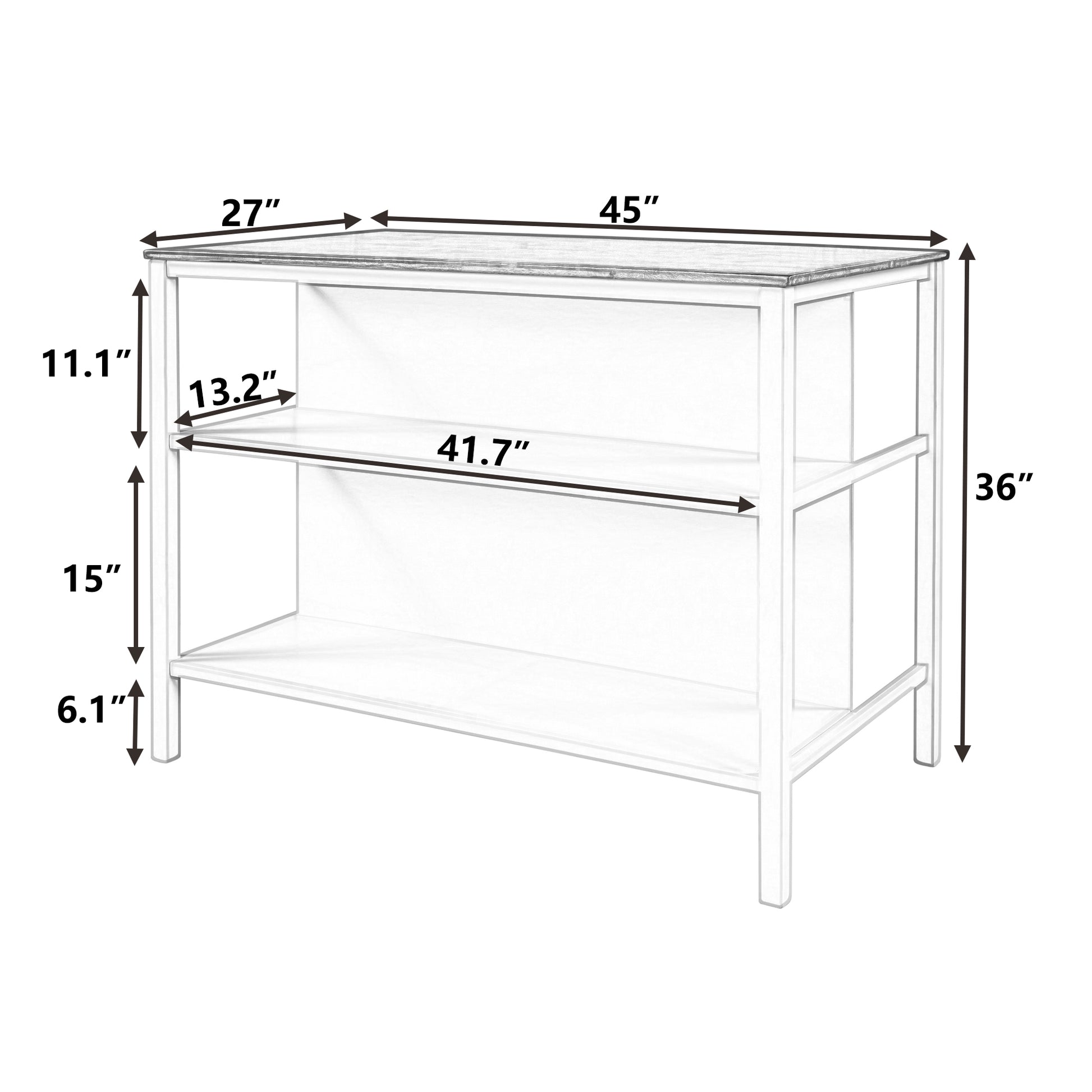 Line drawing of a white console table with dimensions labeled